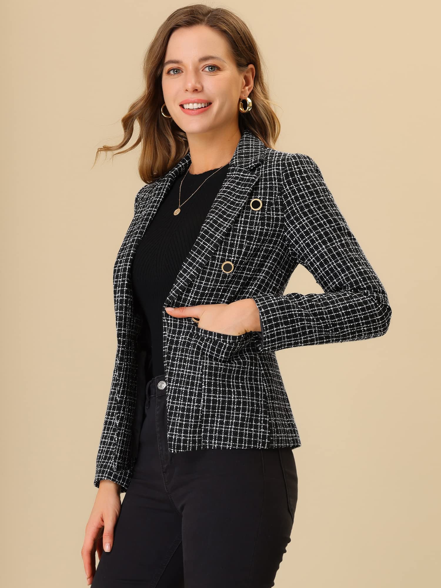 Allegra K Women's Tweed Jacket - Plaid Blazer with Long Sleeves, Elegant Open Front Work Jacket for Office, Business Meetings & Professional Outfits