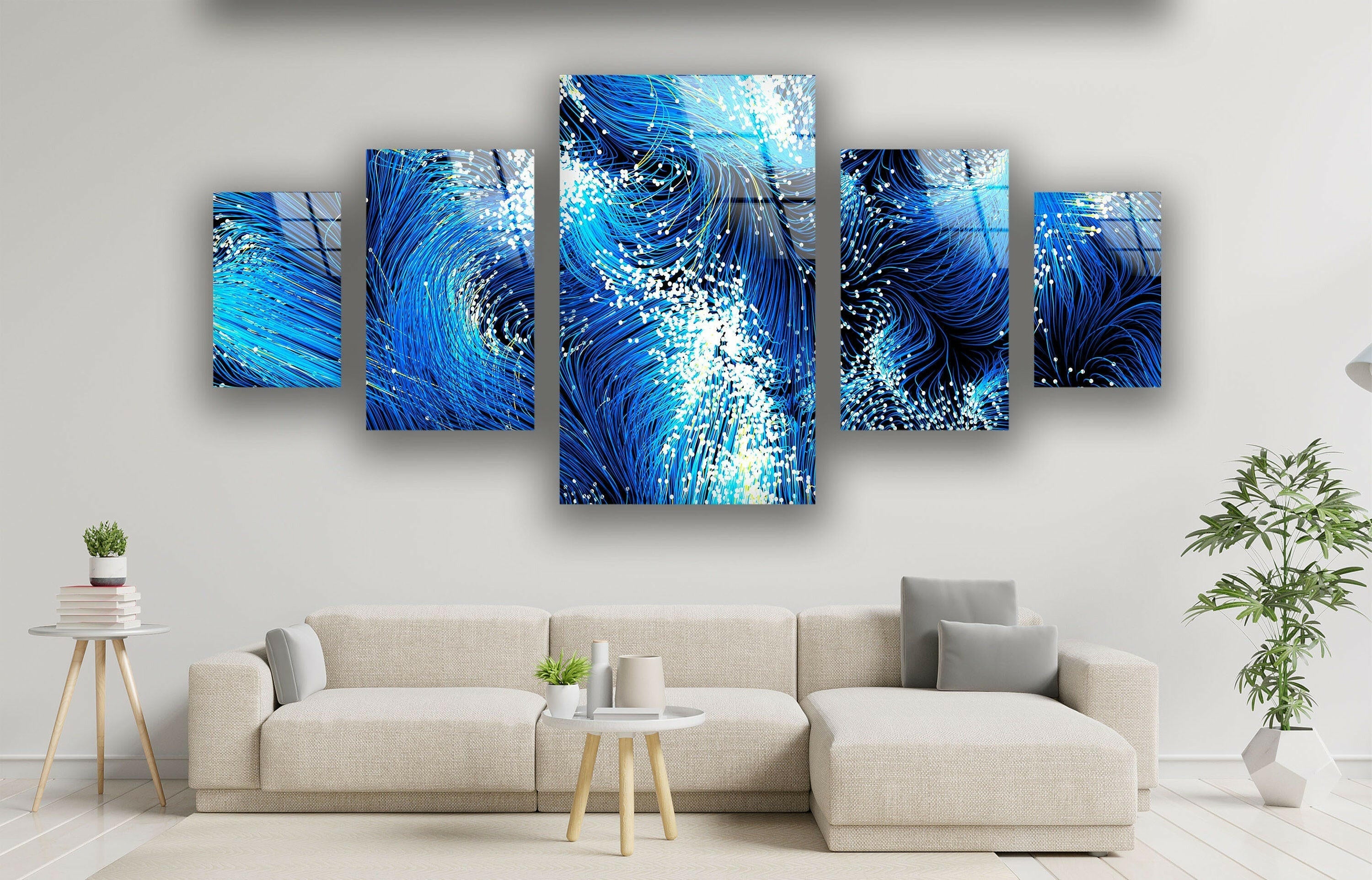 Blue Flowing Lines Abstract Glass Wall Art - Modern Handmade Glass Decor for Living Room, Bedroom & Office - Perfect for Home & Office Decoration