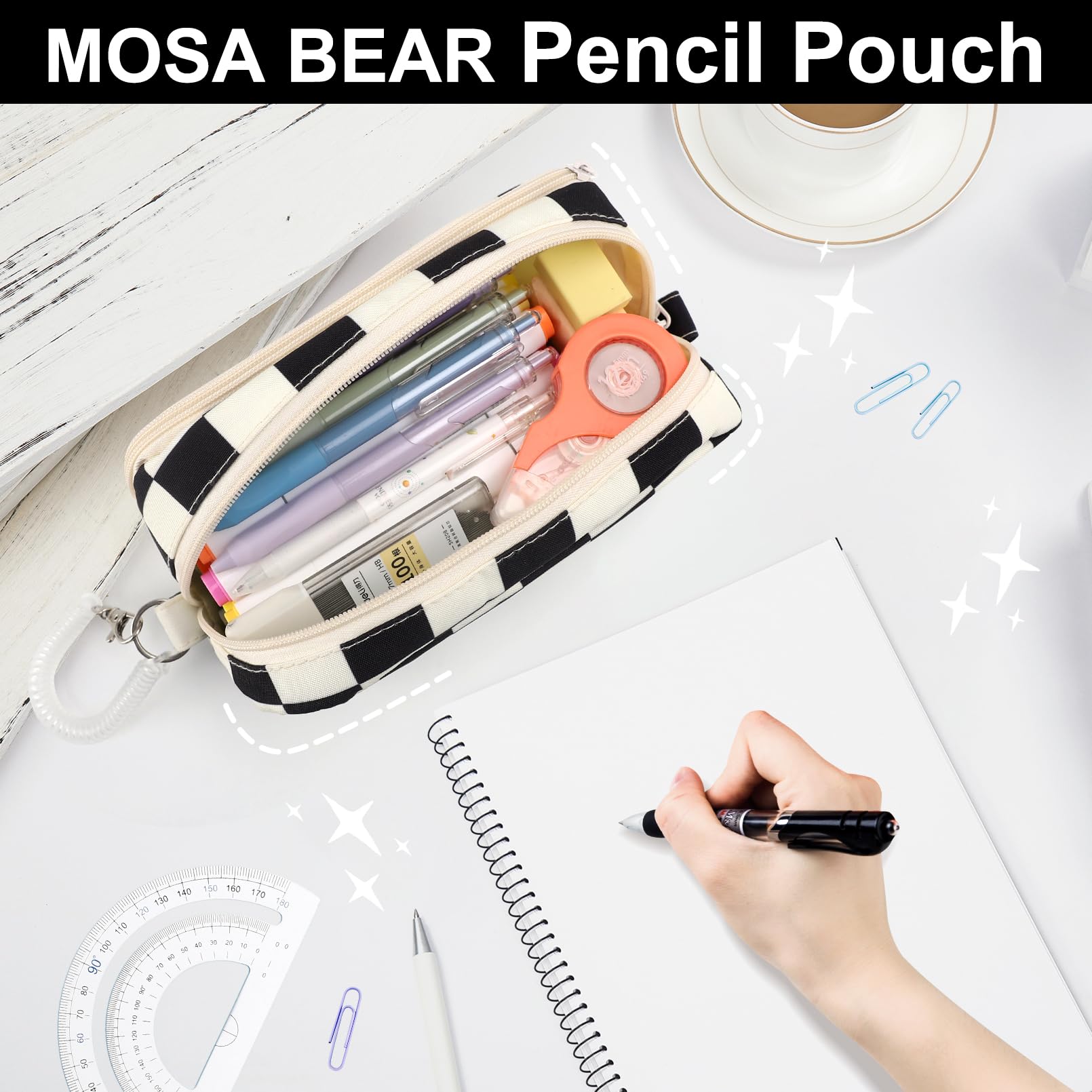 Large Capacity Zippered Pencil Case - Aesthetic Office Stationery & Makeup Organizer for Women & Teen Girls | Perfect for School, Work & Travel (Black)