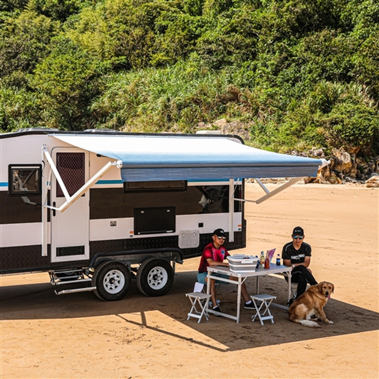 ALEKO 8x8 Feet Motorized Retractable RV Awning with Blue Fade - Perfect for Camping, Outdoor Relaxation & RV Shade Protection