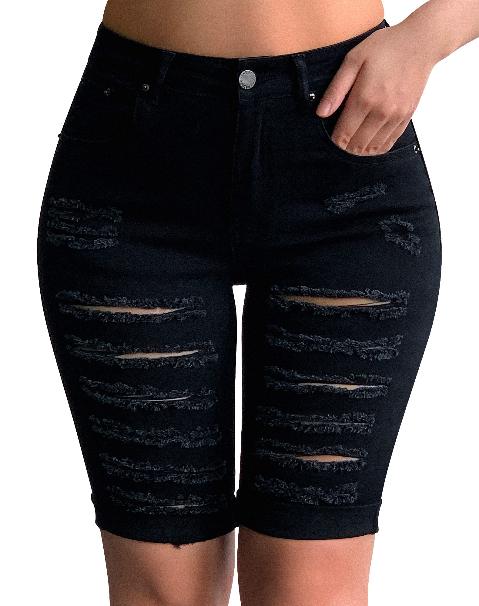 Roswear Women's Distressed Ripped Stretchy Denim Shorts - Knee Length High Waisted Jean Shorts for Summer, Casual Wear, Beach & Outdoor Activities