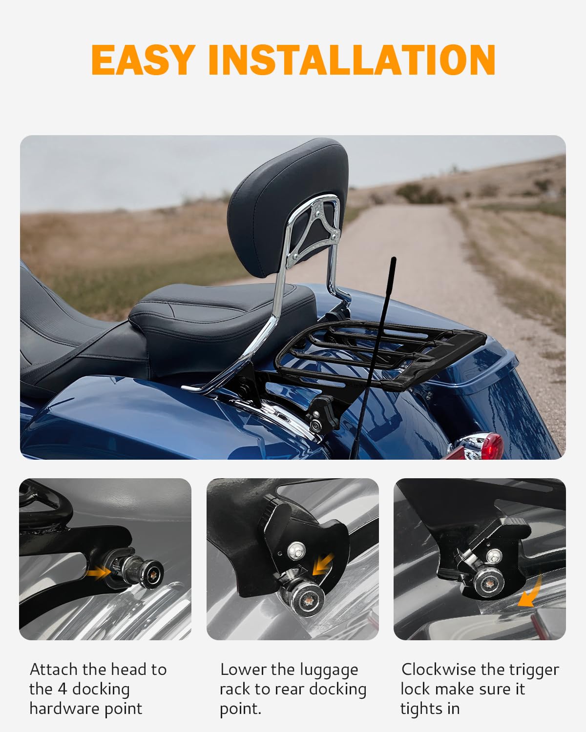 PBYMT Gloss Black Detachable Two-Up Mounting Luggage Rack for Harley Touring Street Glide Road King Electra Glide 2009-2024 (Vivid Black) - Perfect for Long Rides, Road Trips & Motorcycle Touring Accessories