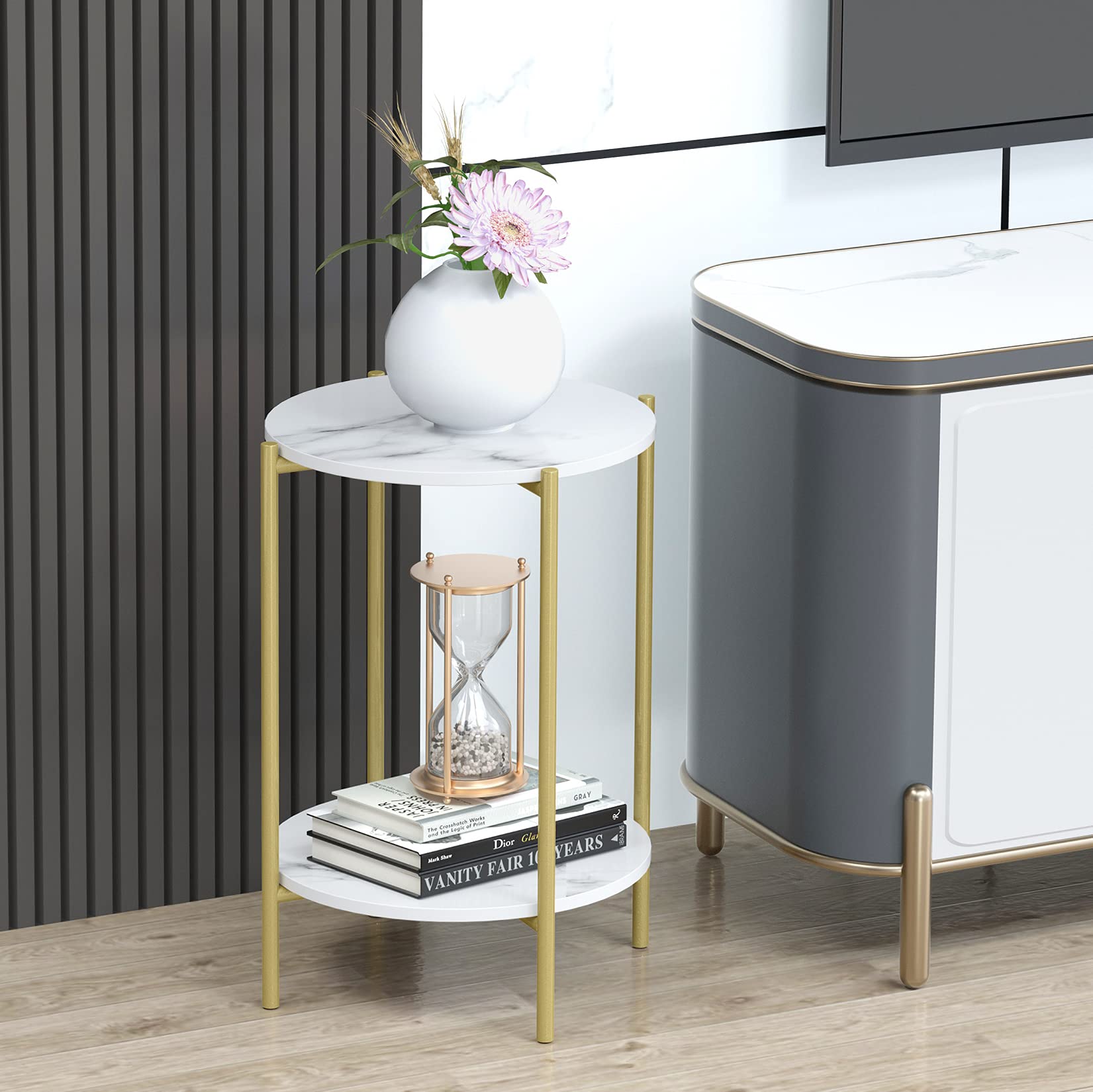 Wisfor Sintered Stone End Table - 2 Tier Round White Side Table with Golden Frame - Modern Coffee Table & Nightstand for Living Room, Bedroom - Perfect for Small Spaces & Home Decor