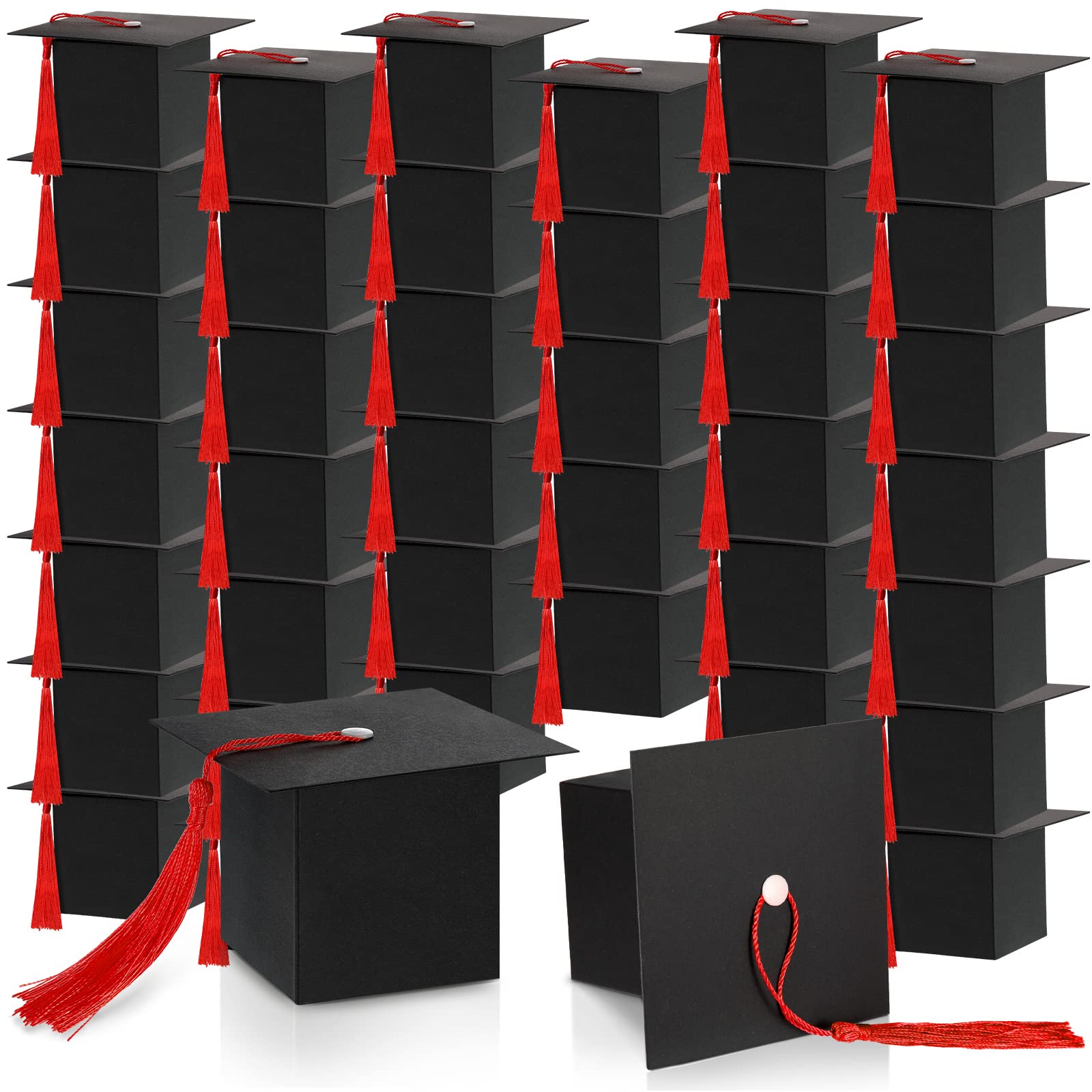 Bememo 100-Pack Graduation Candy Gift Boxes with Tassel - Class of 2025 Party Favors, Graduation Cap Decorations & Centerpieces for High School/College Ceremony (Red) - Perfect for Graduation Parties, Open House Events & Senior Celebrations