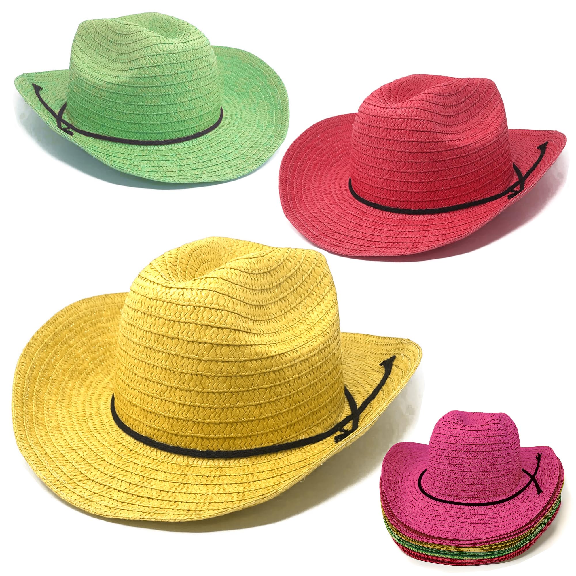 Podzly 12 Pack 24 Inch Straw Cowboy Hats for Men & Women - Western Style Cowgirl Hats, Country Accessories for Concerts, Birthdays, Rodeo & Outdoor Events - Assorted Colors - Perfect for Halloween, Music Festivals & Summer Parties