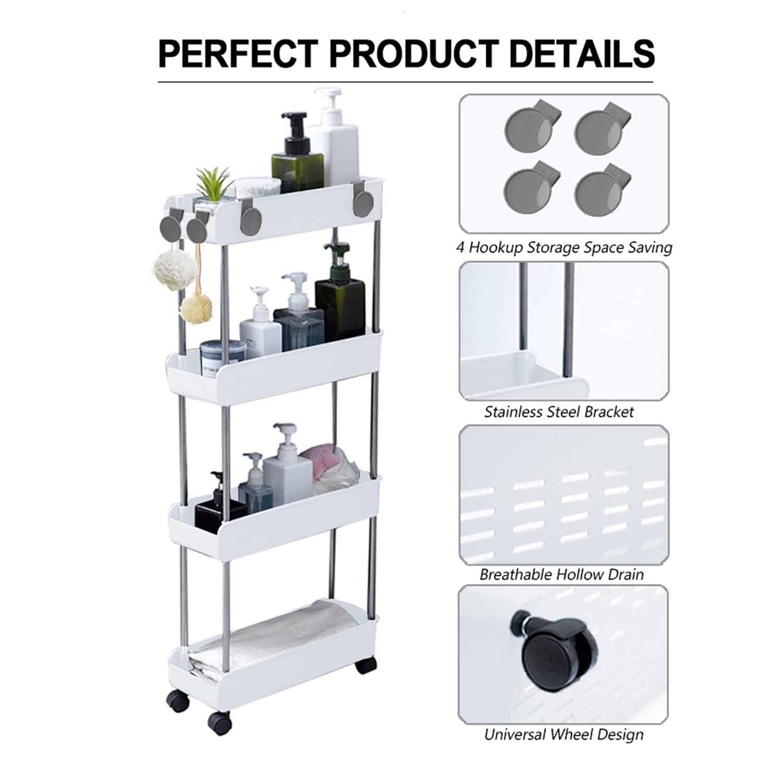 4-Tier Slim Rolling Storage Cart with Wheels - Mobile Shelving Unit for Bathroom, Kitchen, Laundry Room - Space-Saving Organizer for Small Spaces - White | Perfect for Narrow Areas & Closet Organization