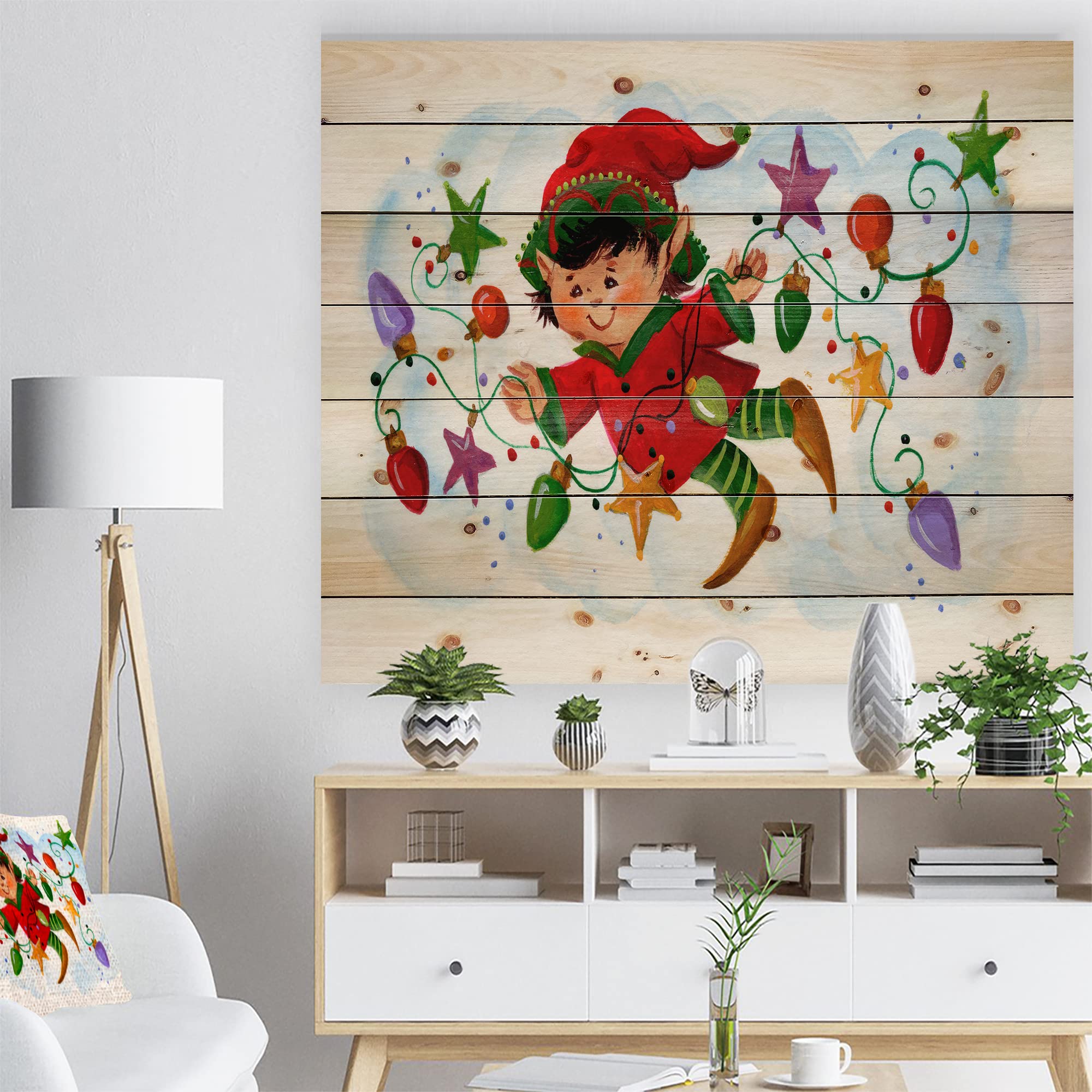 DesignQ Cute Elf Christmas Wood Wall Decor - Traditional Red Wooden Art Panel with Holiday Lights - Large Pine Wood Wall Hanging for Living Room, Bedroom & Holiday Home Decoration