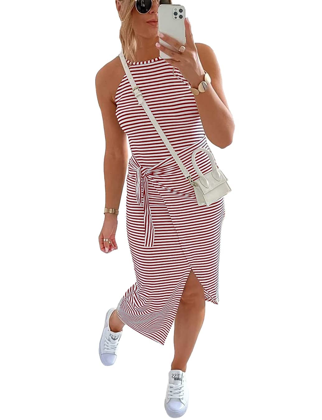 Women's Striped Summer Dress - Tie Waist Halter Neck Ruched Sleeveless Midi Dress | Casual Beachwear, Vacation Outfit & Summer Party Dress