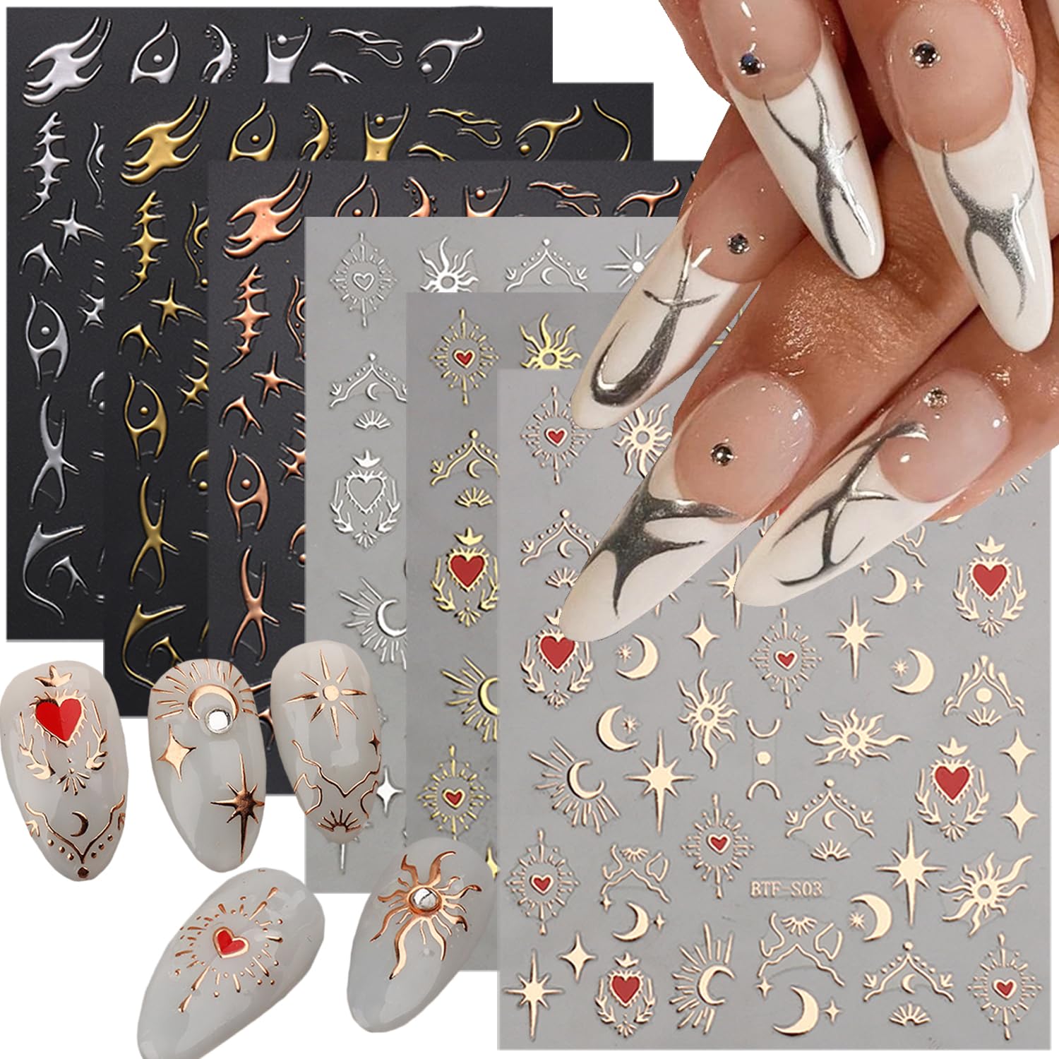 3D Heart Sun Star Moon Fish Bone Nail Art Stickers - Self-Adhesive Nail Decals for Women & Girls - DIY Acrylic Nail Decorations (6 Sheets) - Perfect for Parties, Weddings, and Everyday Nail Art Designs