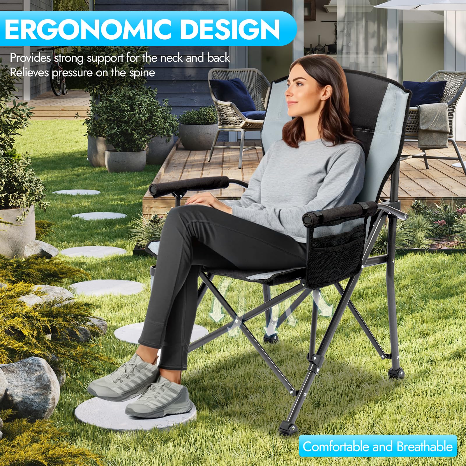2 Pack Heavy Duty Oversized Folding Camping Chairs for Adults - 450 lbs Weight Capacity, Portable Lawn Chairs with Side Pockets for Outdoor Camping, Beach, Fishing, Picnic & Hiking - Perfect for Backyard BBQs, Tailgating and Concert Events