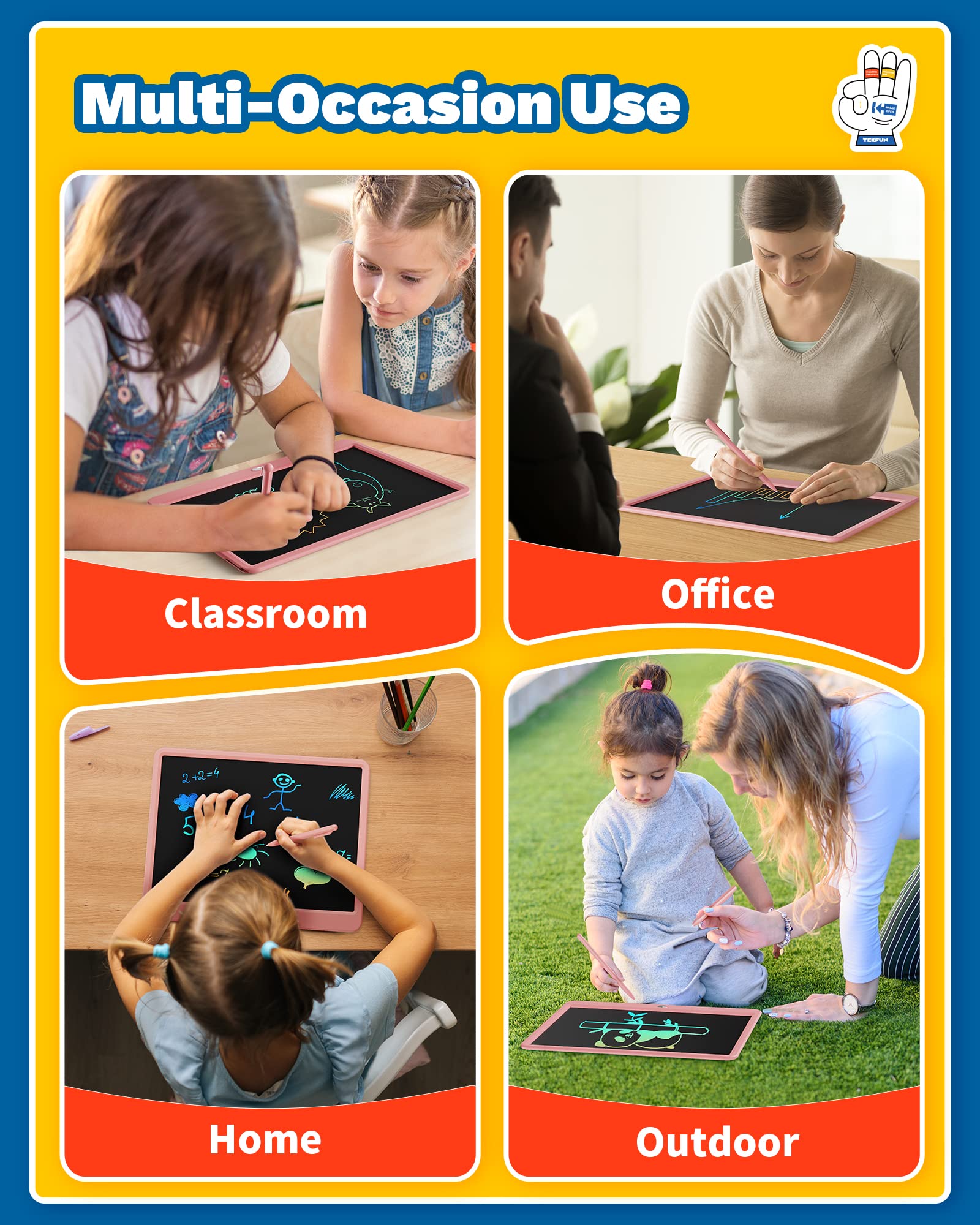 TEKFUN 15inch LCD Writing Tablet for Kids - Doodle Board Drawing Pad for Girls & Boys Ages 4-10 | Birthday, Christmas, Easter Gifts | Homeschool, Travel, Classroom Learning Activities (Pink)