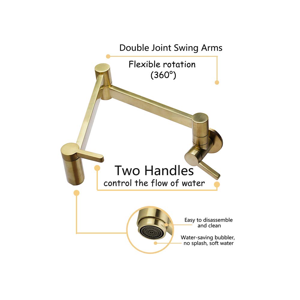 Brushed Gold Wall Mount Pot Filler Faucet - Solid Brass Swing Arm Folding Kitchen Faucet with Single Hole & Two Handles - Perfect for Modern Kitchens, Cooking Stations & High-End Restaurant Installations