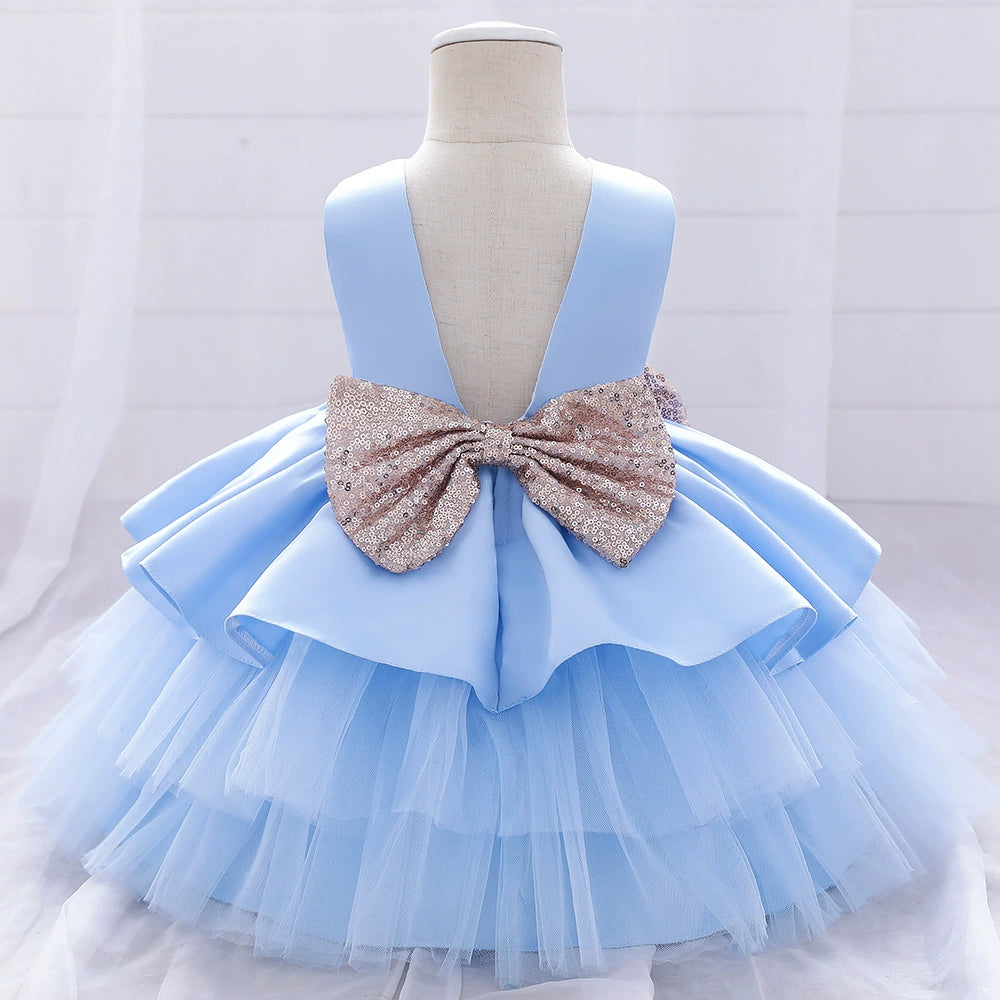 Royal Blue Satin Flower Girl Dress - Tea Length Princess Round Neckline for Weddings, Parties & Special Occasions