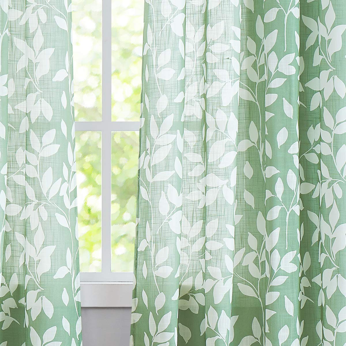 Treatmentex Leaf Print Semi-Sheer Curtains - 95 Inch Long White & Green Window Drapes with Grommet Top (1 Pair) | Elegant Living Room & Bedroom Window Treatments for Natural Light Filtering & Privacy