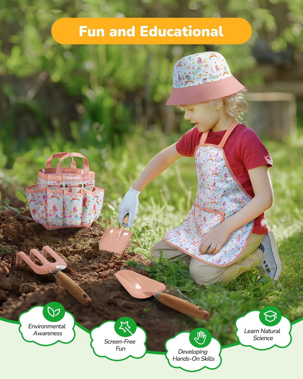 **Kids Gardening Tool Set - Complete Garden Kit for Toddlers & Children with Shovels, Rake, Hat, Apron, Gloves, Watering Can & Storage Bag (Pink) - Outdoor Learning & Pretend Play Toys for Backyard, School & Home Activities**