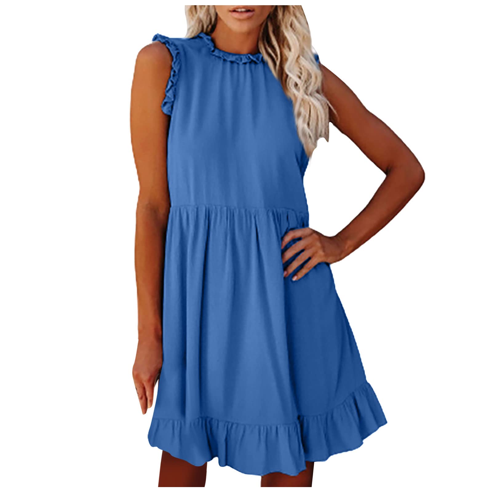Mebamook Women's Summer Casual Dress - Solid Color Sleeveless Ruffled Cocktail Dress for Juniors | Perfect for Beach Outings, Parties & Daily Wear