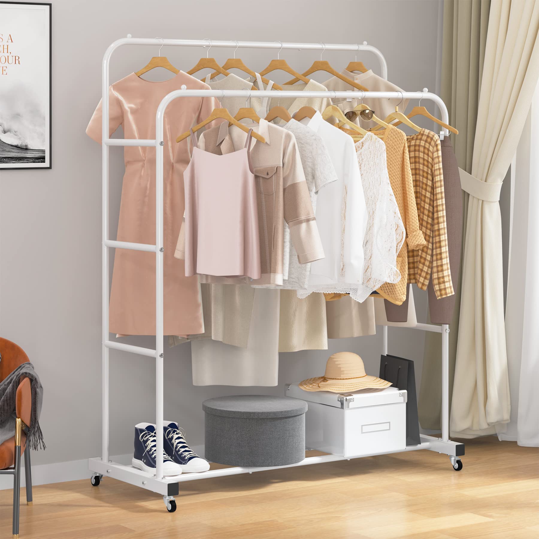 Laiensia Double Rod Rolling Garment Rack with Wheels - Heavy Duty Clothes Hanging Organizer for Bedroom, Closet & Laundry Room - Multi-Functional Freestanding Clothing Rack in White - Perfect for Drying Clothes, Organizing Wardrobe & Temporary Storage