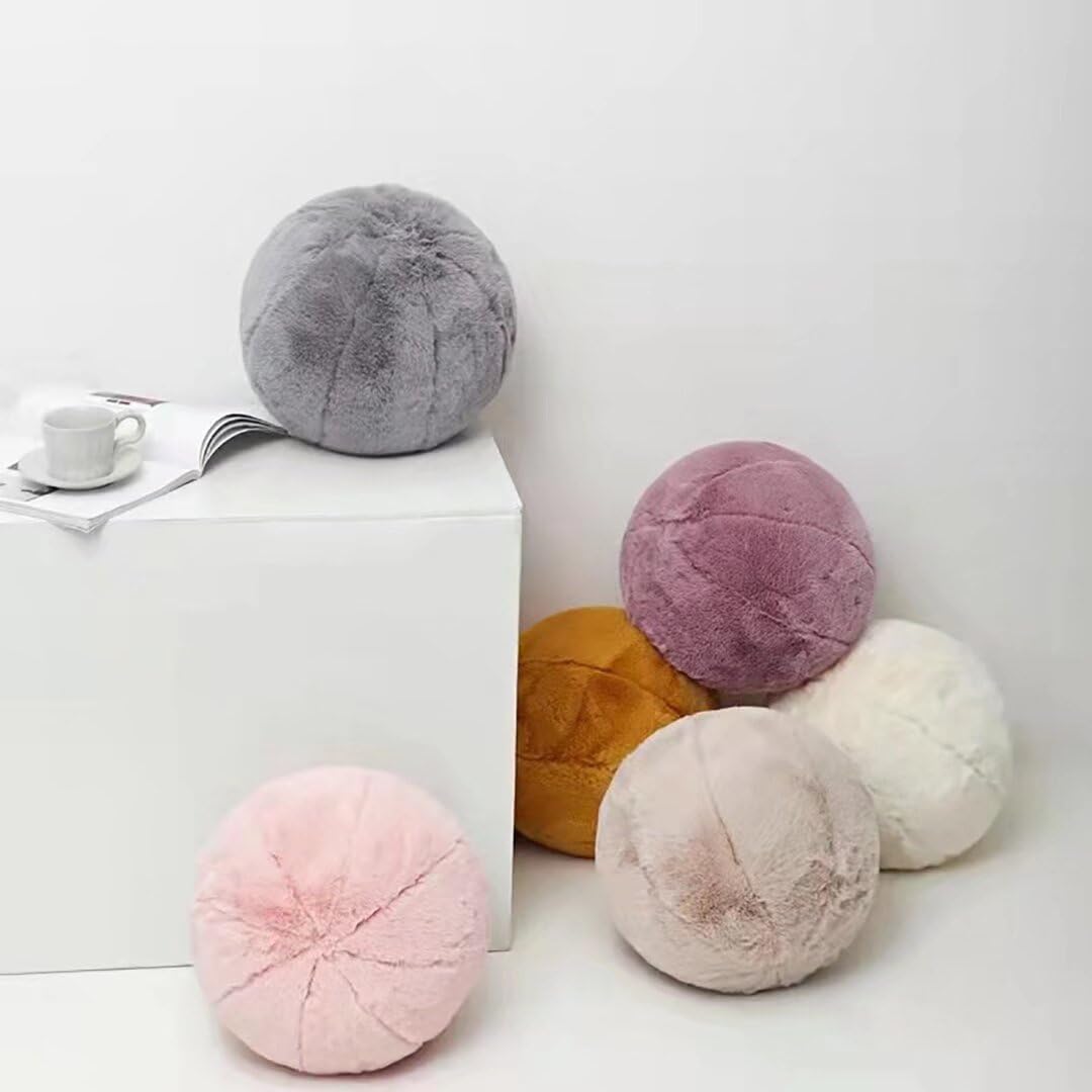 Soft Grey Faux Rabbit Fur Round Throw Pillow - 11 Inch Plush Sphere Decorative Pillow with Hidden Zipper for Bed, Sofa & Couch - Perfect for Cozy Home Decor, Living Room Accent and Comfortable Lounging