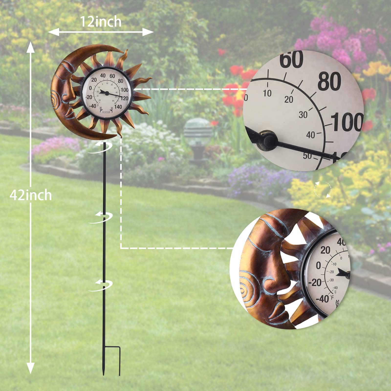 Outdoor Thermometer - Decorative Metal Garden Stakes for Lawn, Yard, Pathway & Patio - Weather-Resistant Temperature Gauge for Gardening & Outdoor Decor