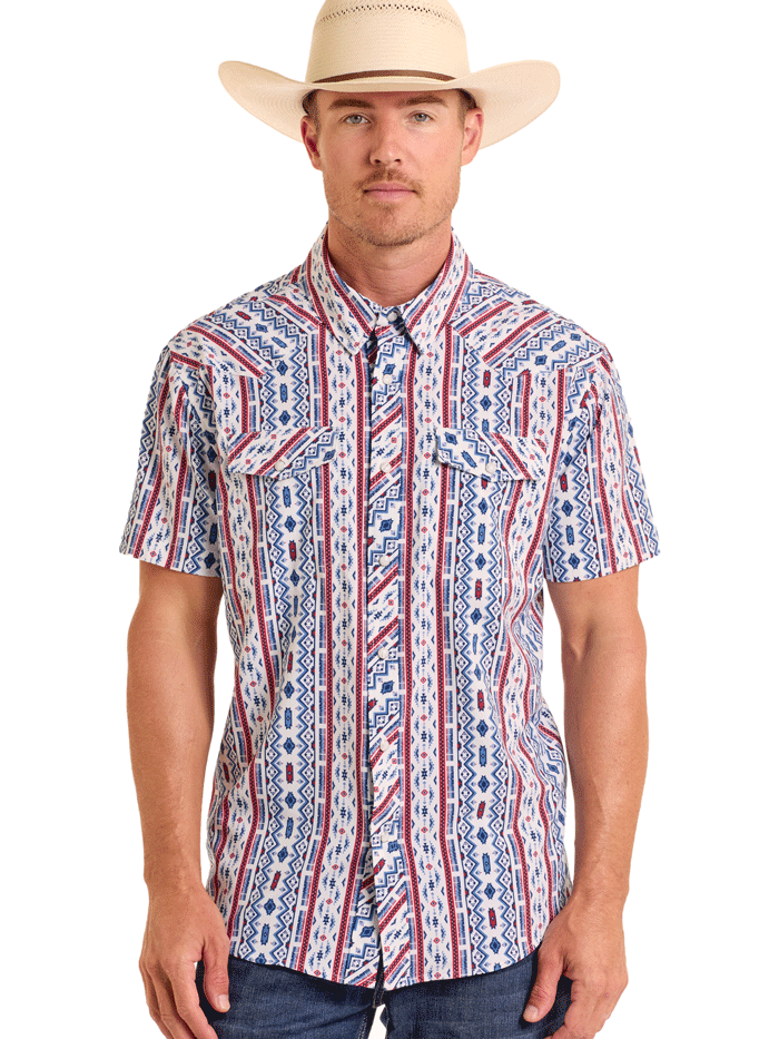 Men's Aztec Print Short Sleeve Performance Snap Shirt - Breathable Quick-Dry Button Up Shirt for Outdoor Activities & Casual Wear - Blue