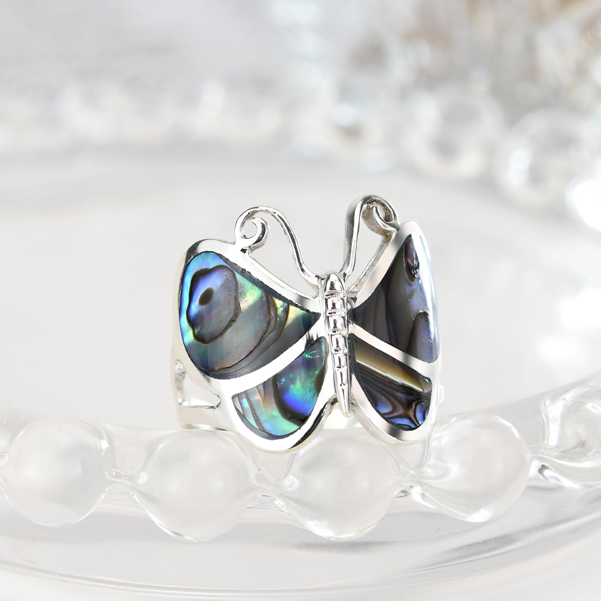 AeraVida Butterfly Rainbow Abalone Sterling Silver Ring for Women | .925 Silver Statement Ring | Elegant Wedding & Casual Jewelry | Comfort Fit Sizes 6-14 | Perfect Gift for Daughter, Wife, or Loved One | Ideal for Weddings, Anniversaries, Date Nights & Everyday Wear