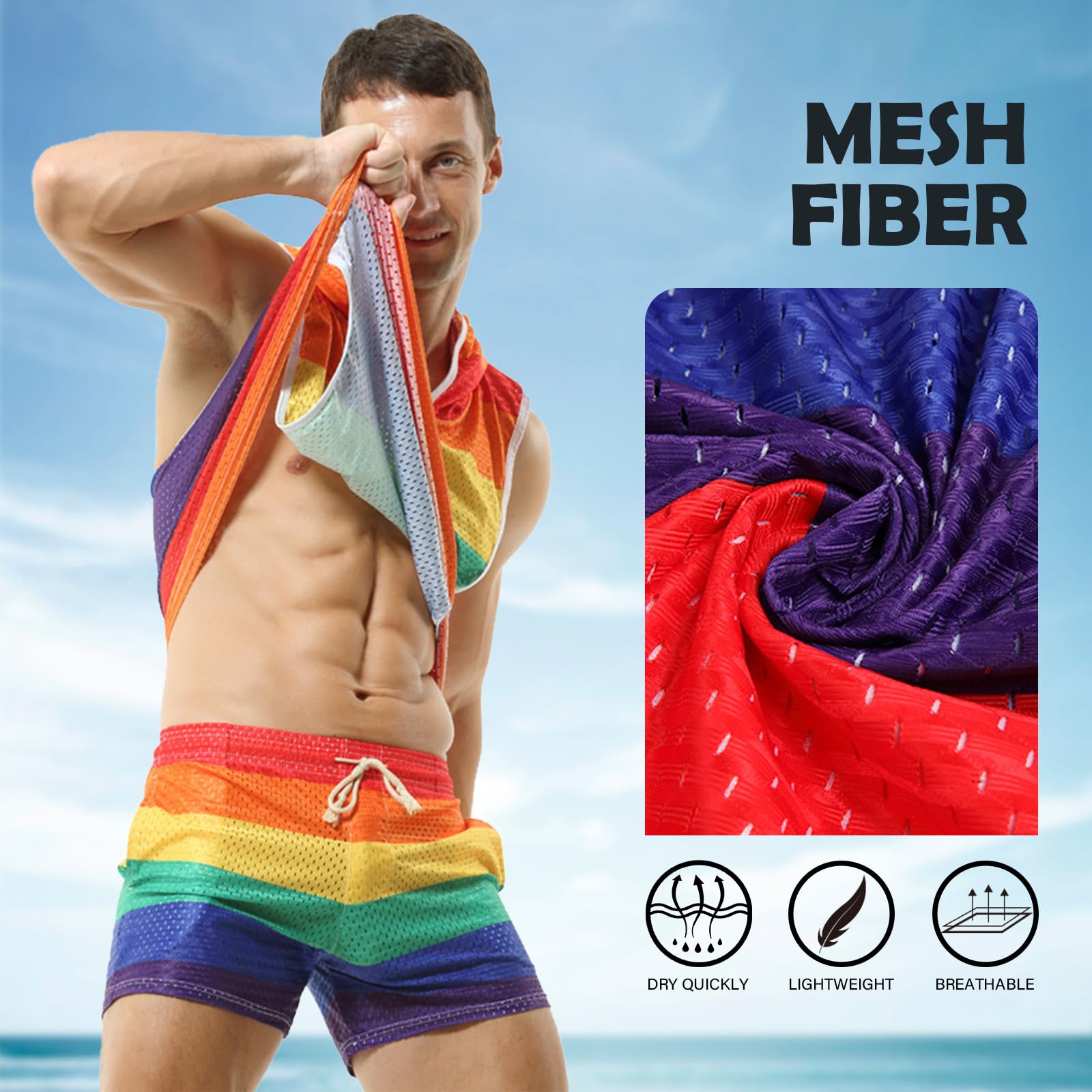 **Men's Rainbow Mesh Sleeveless Hoodie - Sexy Y-Back Muscle Tank Top for Pride, Workout & Gym | Lightweight Breathable Summer Shirt for Running & Outdoor Activities**