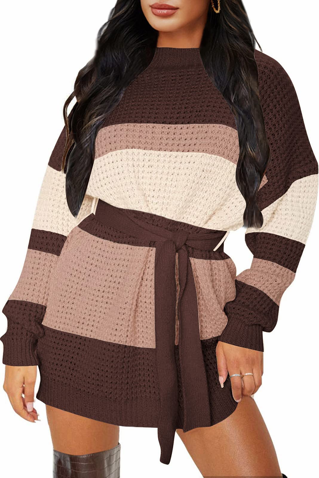 ZESICA Women's Long Sleeve Waffle Knit Tie Waist Tunic Sweater Dress - Casual Fall Winter Pullover for Work, Date Night & Holiday Outfits