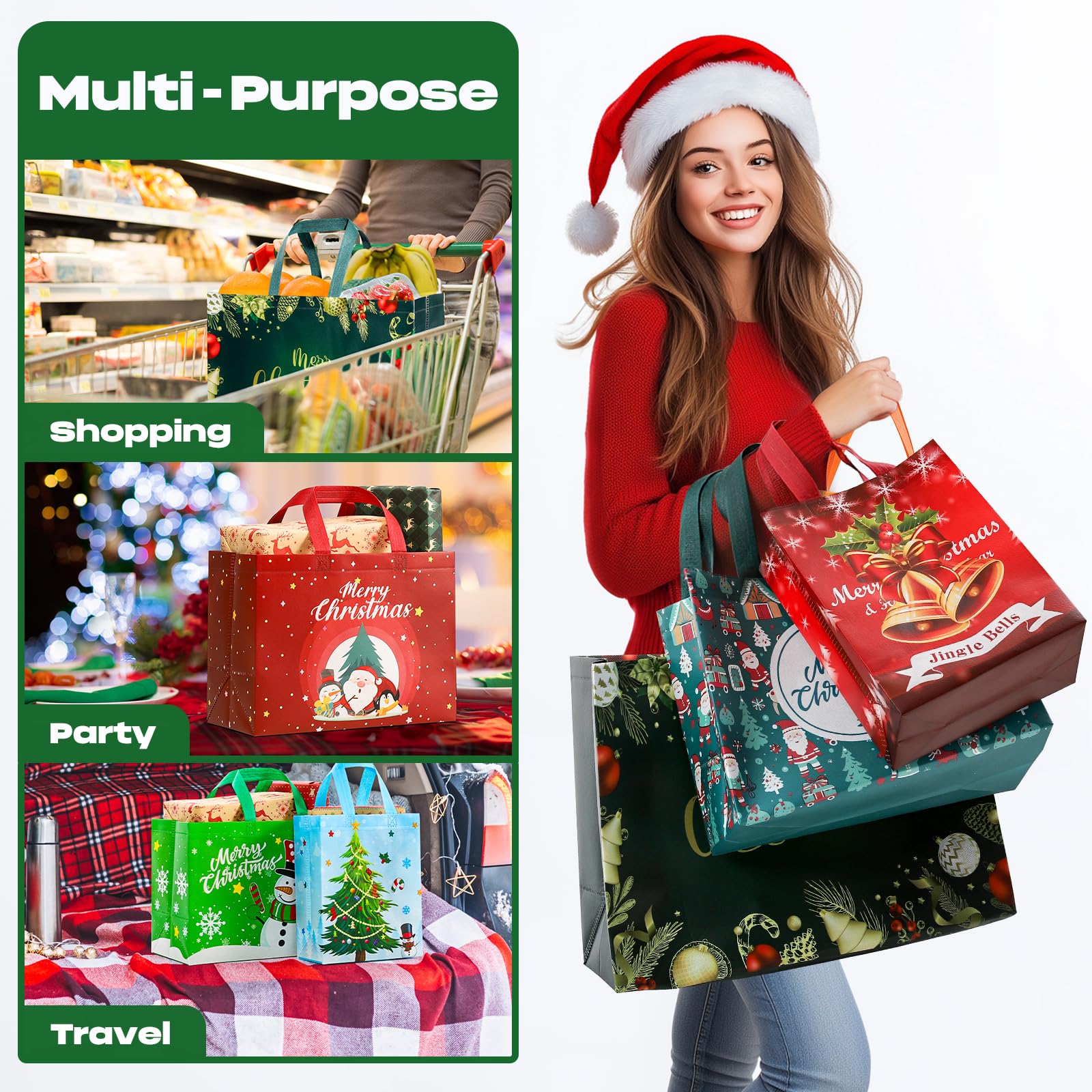 20 Pack Reusable Christmas Gift Bags with Handles - Assorted Sizes (4 Large, 8 Medium, 8 Small) - Eco-Friendly Non-Woven Fabric for Holiday Party Favors, Stocking Stuffers & Gift Wrapping