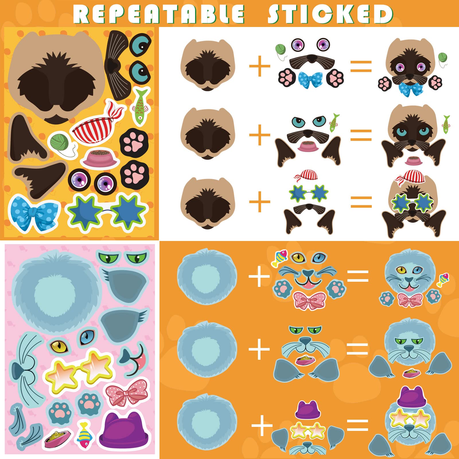 DUJAA 24 Sheets DIY Cat Face Stickers - Create Your Own Cat Stickers, Fun Animal Stickers for Kids, Birthday Party Favors, Teacher Art Crafts, School Activity Rewards - Perfect for Classroom Games, Birthday Decorations & Creative Play