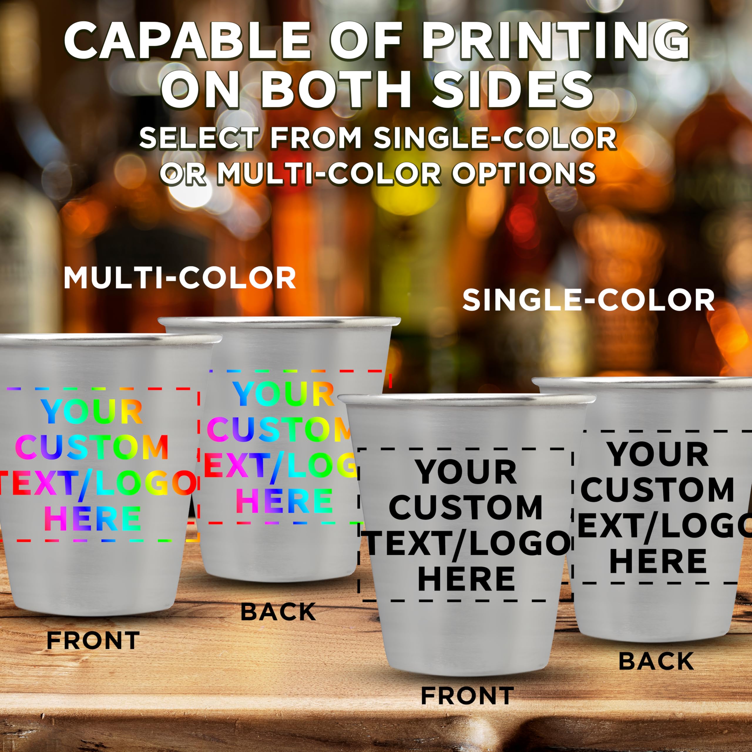 Custom Personalized Stainless Steel Shot Glasses 2.5 oz (Set of 50) - Bulk Pack for Weddings, Birthdays, Parties & Events - Durable Barware for Home, Office & Commercial Use