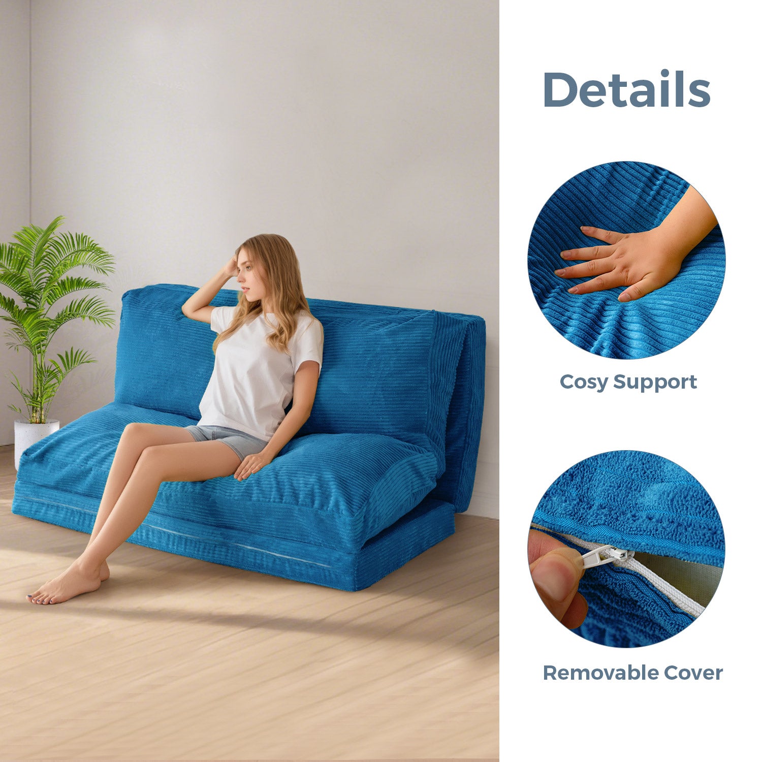 MAXYOYO Corduroy Bean Bag Folding Sofa Bed - Washable Blue Floor Sofa for Living Room, Bedroom & Dorm | Portable Lounge Chair for Relaxing, Reading & Gaming