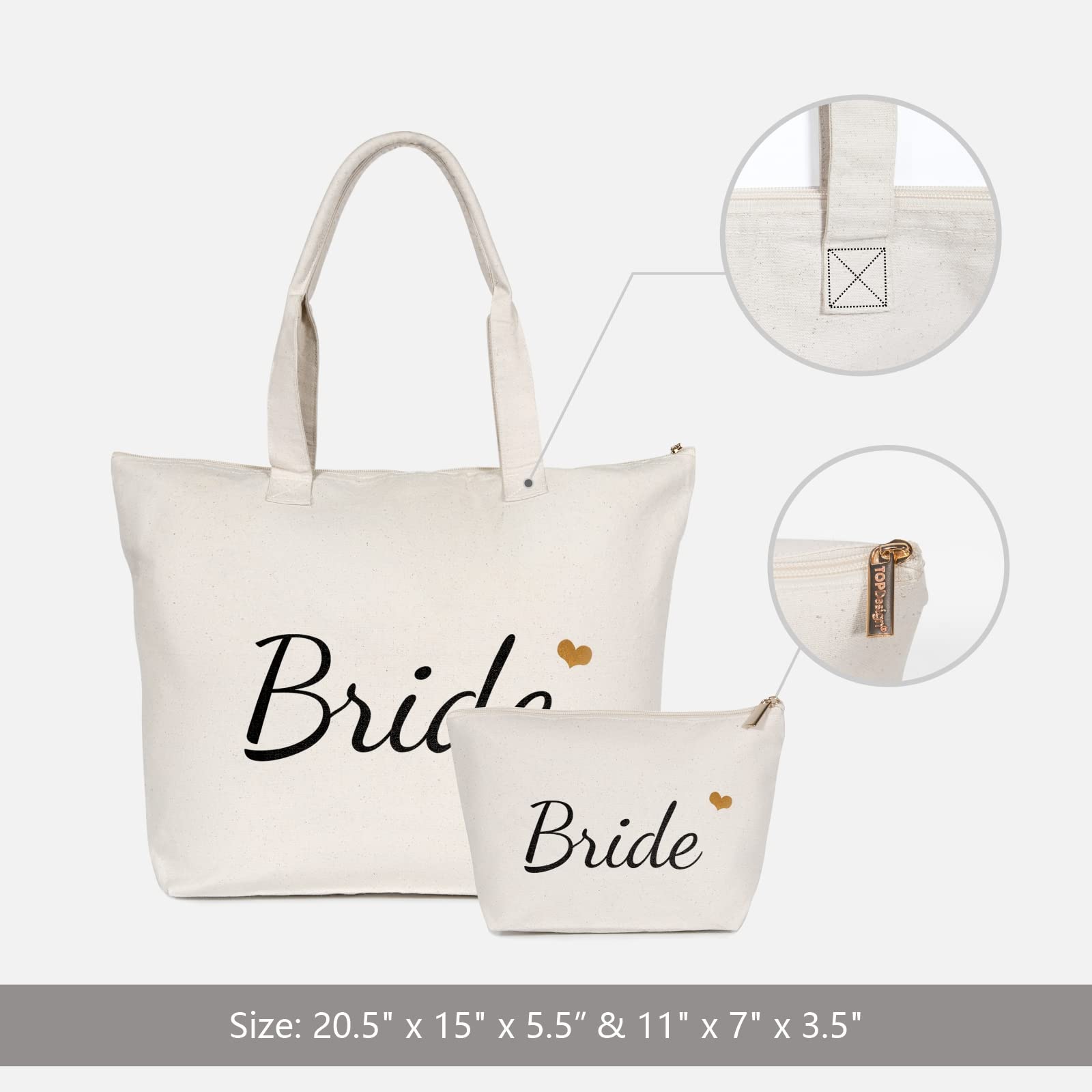 TOPDesign Bride Canvas Tote Bag - Perfect Wedding Gift for Engagement, Bridal Shower & Bachelorette Parties - Secure Top Zipper Closure - Ideal for Bridal Accessories, Wedding Day Essentials & Honeymoon Travel