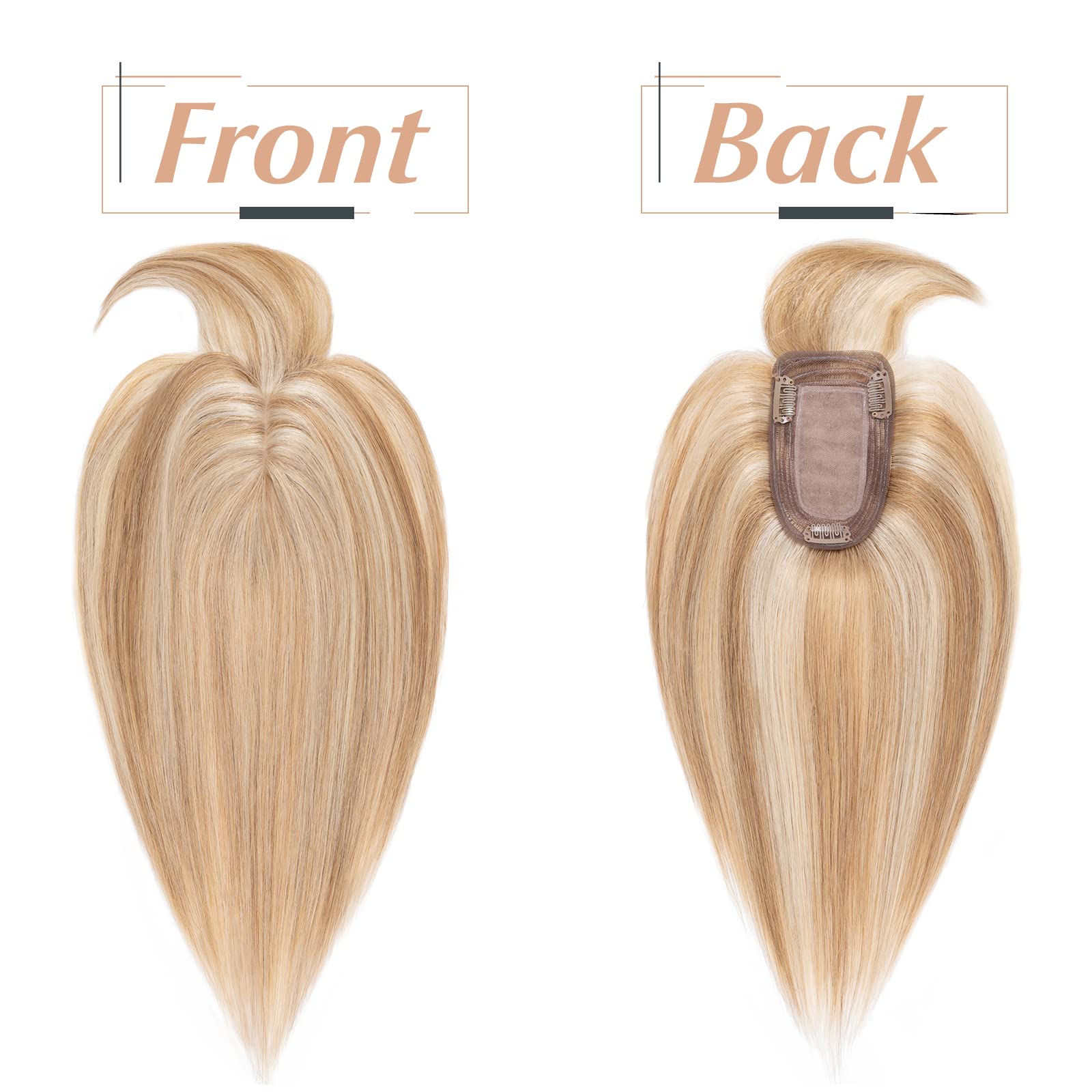 Benehair Clip-in Human Hair Toppers with Bangs - 12 Inch Straight Hairpieces for Thinning Hair & Gray Coverage - Golden Brown & Bleach Blonde #12P613 - Perfect for Daily Wear, Parties & Special Occasions