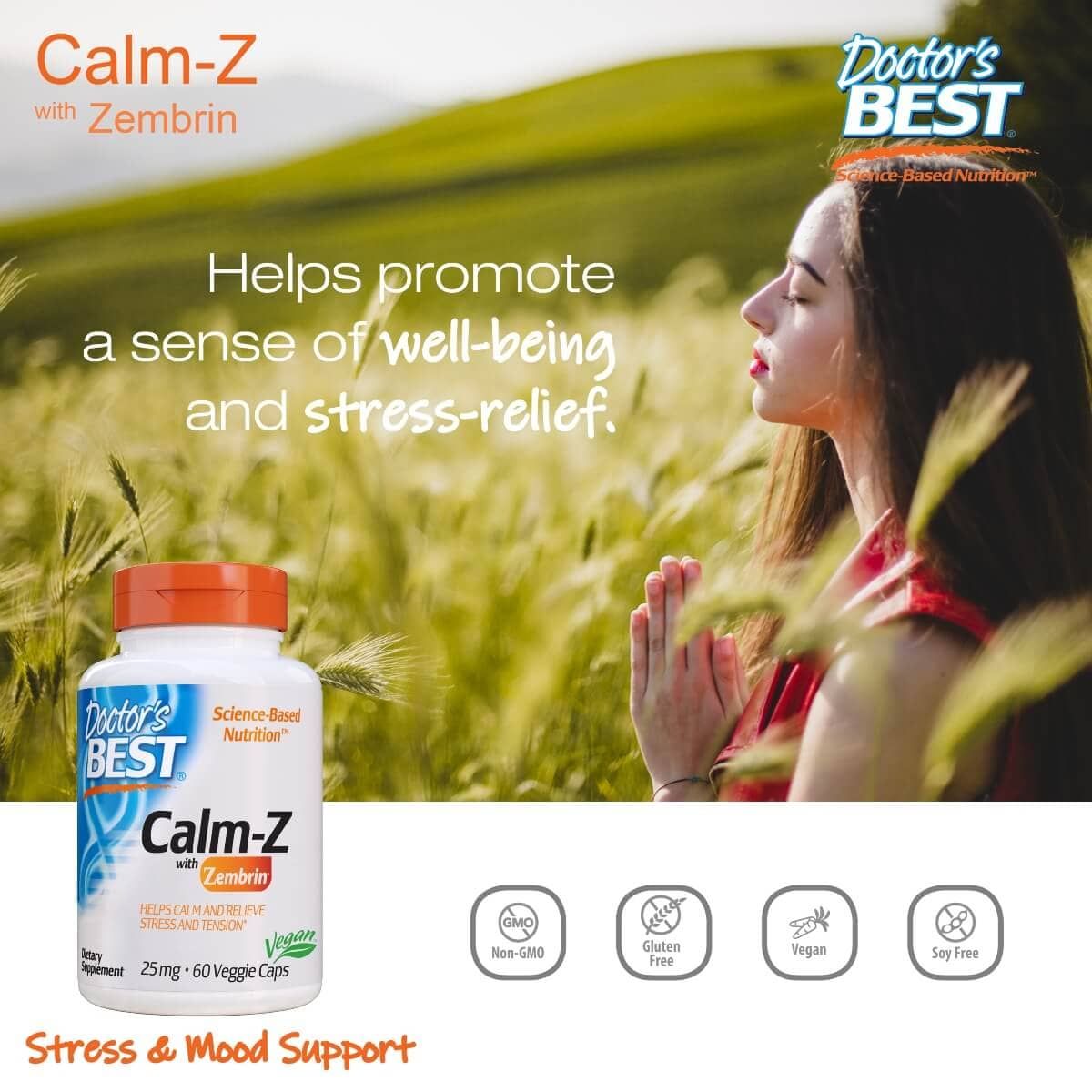 Doctor's Best Calm Z with Zembrin 25mg - 60 Vegetarian Capsules for Stress Relief & Relaxation - Supports Mental Clarity & Sleep - Vegan, Non-GMO Supplement for Daily Wellness