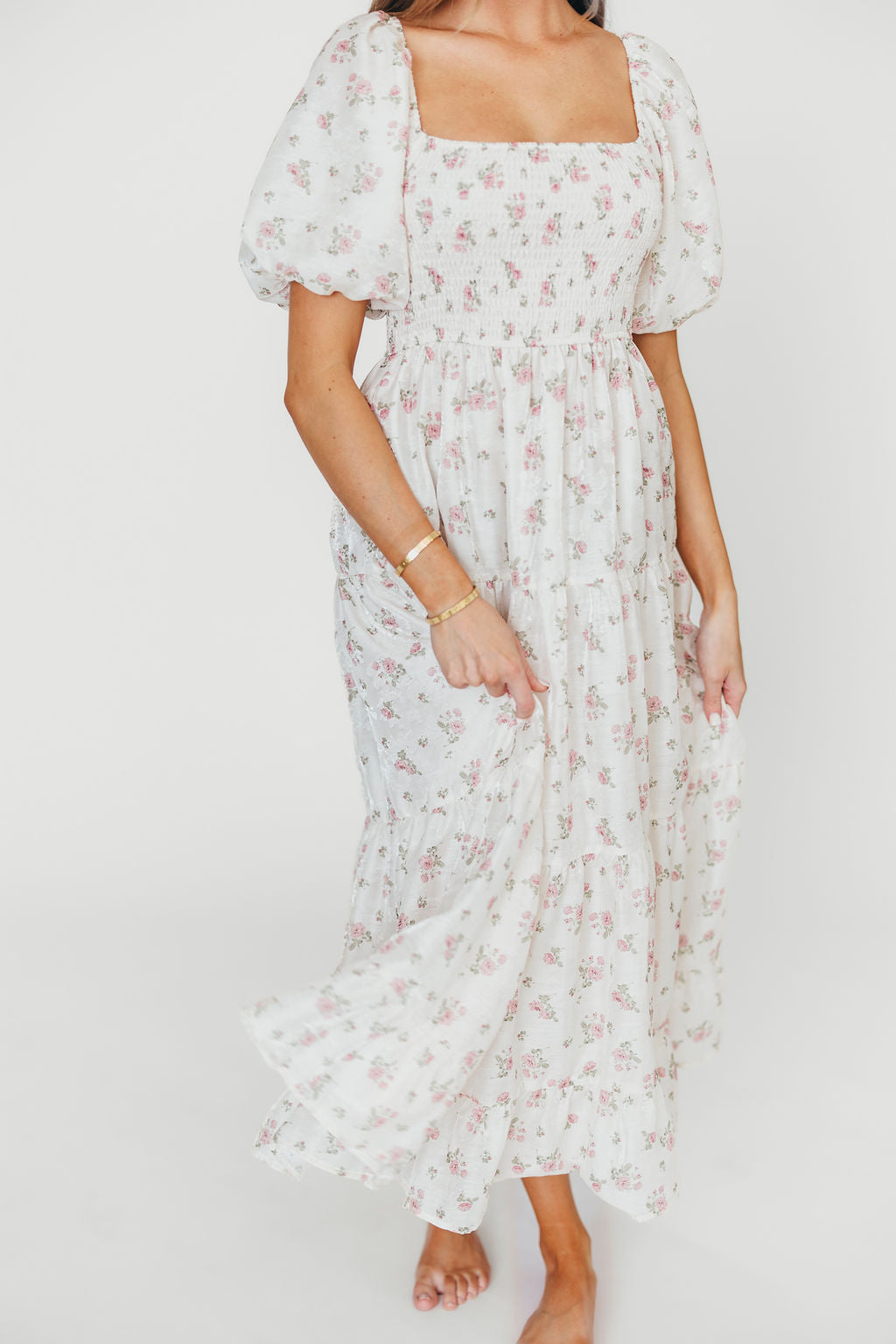 Mia Midi Dress in Ivory & Pink Floral Print - Elegant Summer Dress for Women, Perfect for Weddings, Parties & Casual Outings