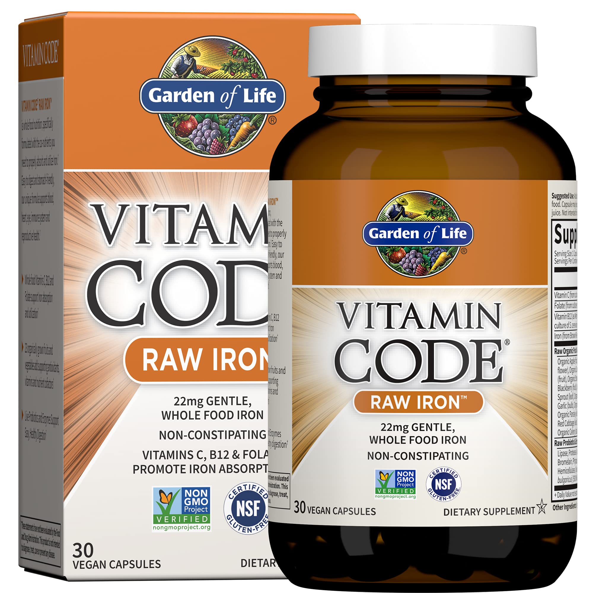 Vitamin Code Raw Iron Supplement - 30 Capsules for Energy & Immunity Support | Vegan, Non-GMO | Ideal for Active Lifestyles & Iron Deficiency