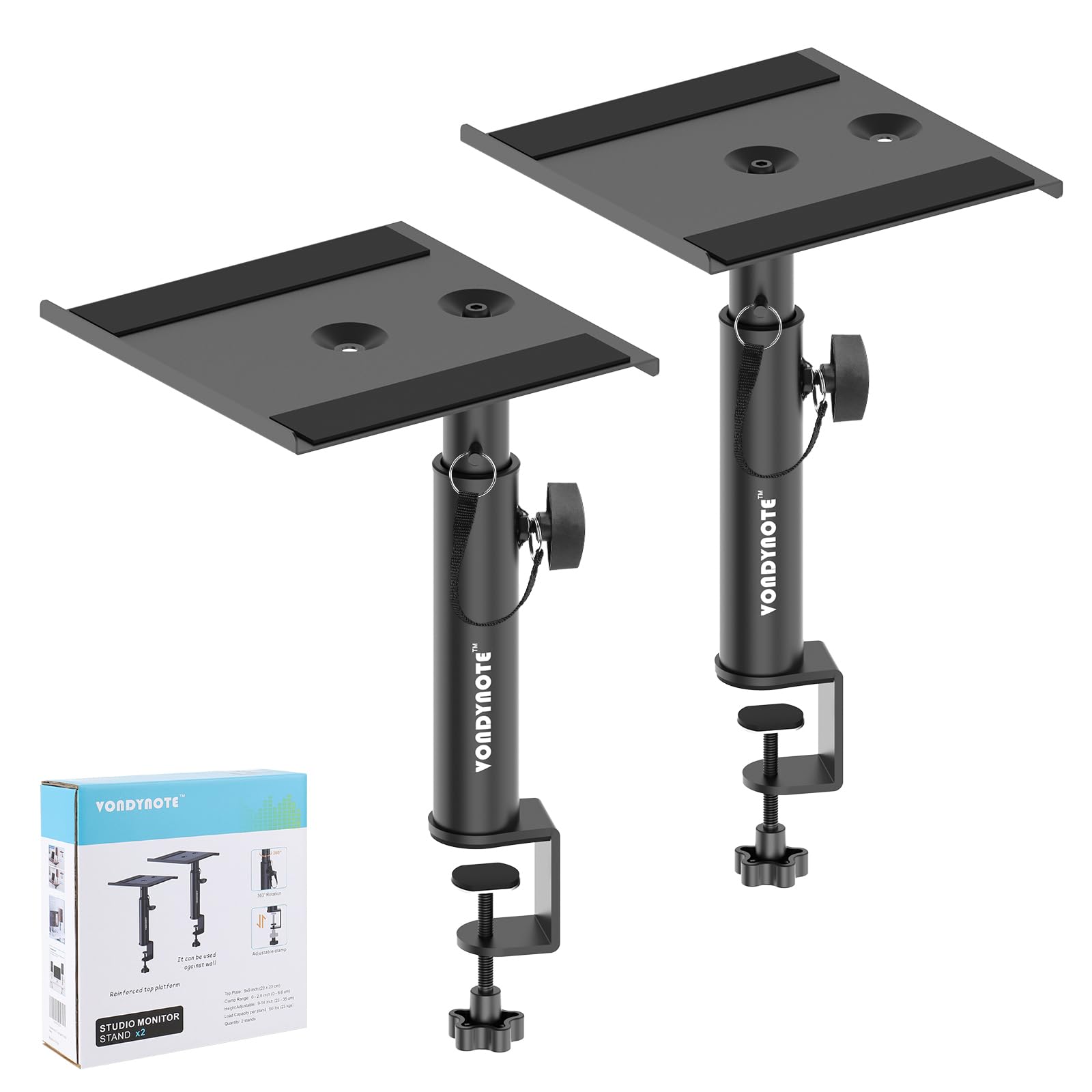 2 Pack Studio Monitor Stands - Heavy Duty Desktop Clamp Speaker Mounts with Anti-Vibration Pads for Music Production, Gaming & Home Theater (Wall/Desk Mountable)