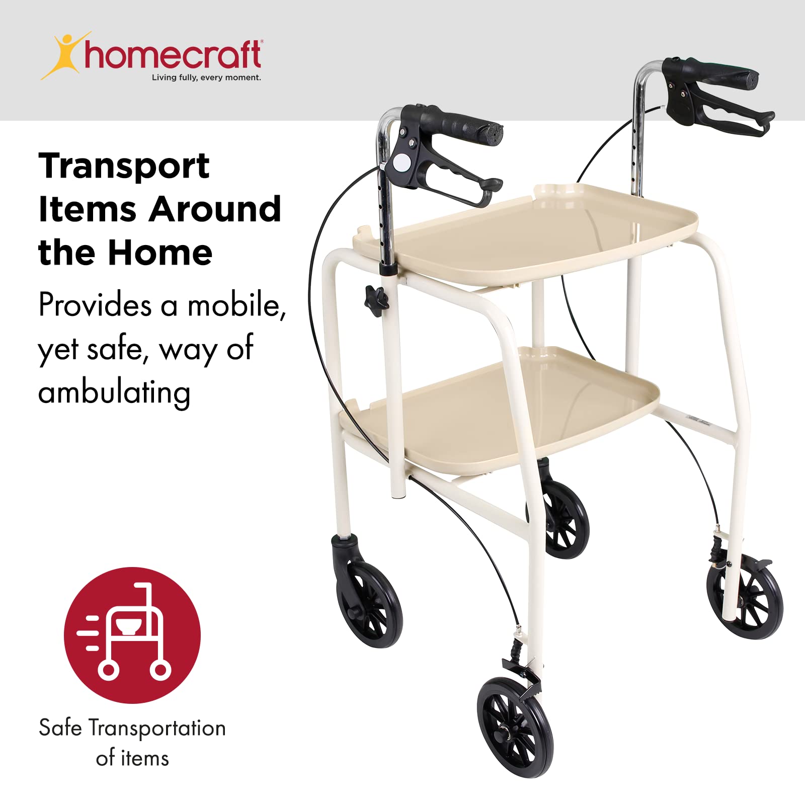 Homecraft Walker Trolley with Wheels - Lightweight Mobility Aid with Built-in Storage Trays & Hand Brakes - Sturdy Walking Support Device for Seniors & Elderly (Beige) - Perfect for Indoor Use, Shopping Trips & Daily Mobility Assistance
