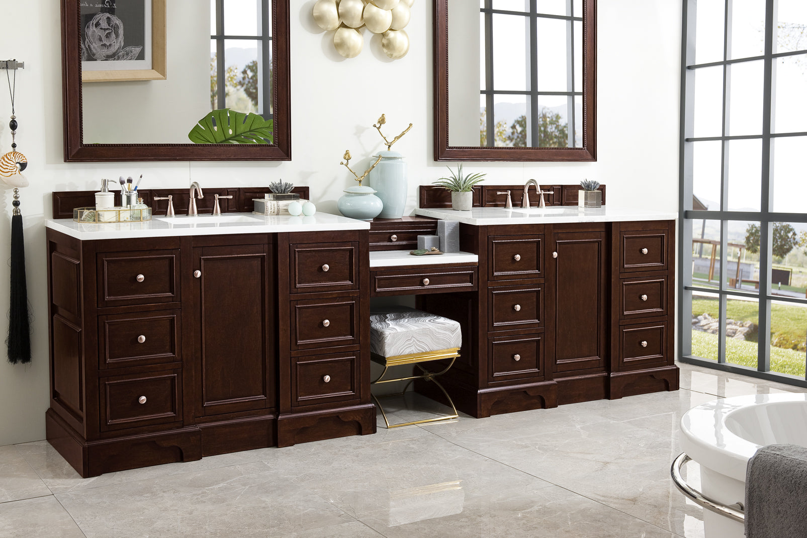 De Soto 118 Double Vanity Set with Makeup Table - Burnished Mahogany Finish & 3CM Arctic Fall Solid Surface Top | Perfect for Master Bathroom, Dressing Room & Beauty Salon Organization