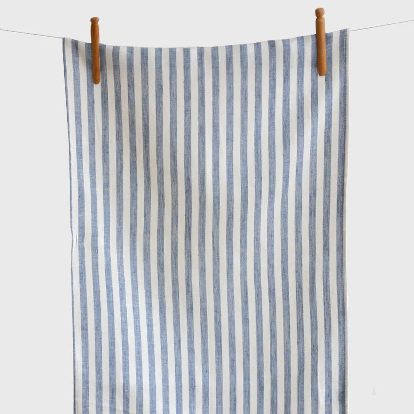 Premium Lagoon Linen Kitchen Towels - Classic Blue & White Striped Set of 2 - Absorbent & Durable Dish Towels for Cooking, Baking & Kitchen Cleaning
