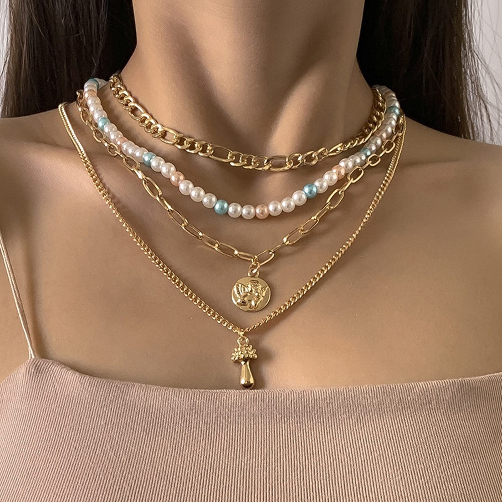 4-Piece Layered Necklace Set for Women - Colorful Pearl, Angel & Mushroom Pendant Dainty Jewelry - Perfect for Prom, Vacation & Everyday Wear