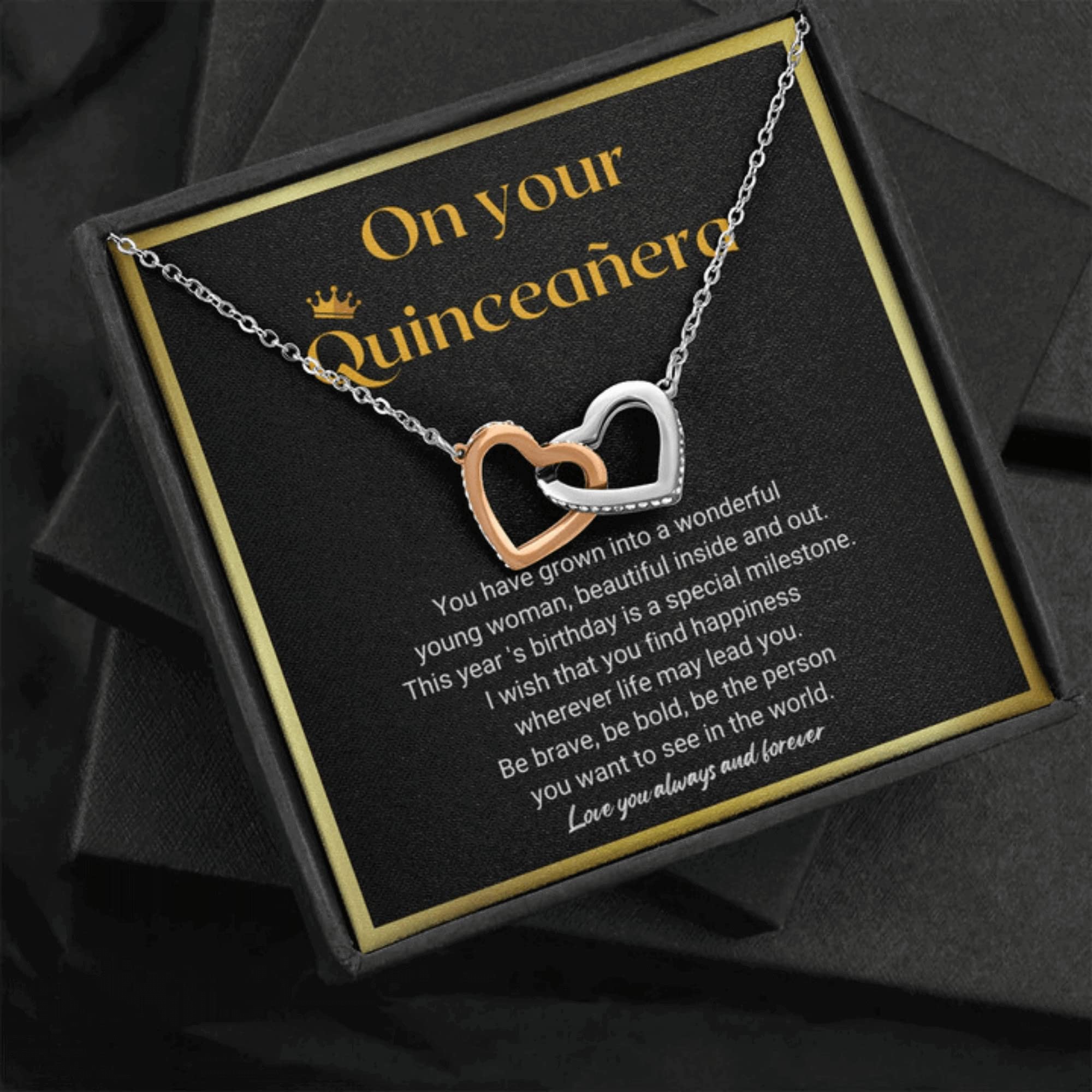 Quinceanera Gifts for 15 Year Old Girls - Sterling Silver Interlocking Heart Necklace with Engraved Message Card | Sweet 15 Birthday Present, Quinceañera Jewelry Gift Idea | Perfect for Quince Años Celebrations, Graduation & Special Occasions