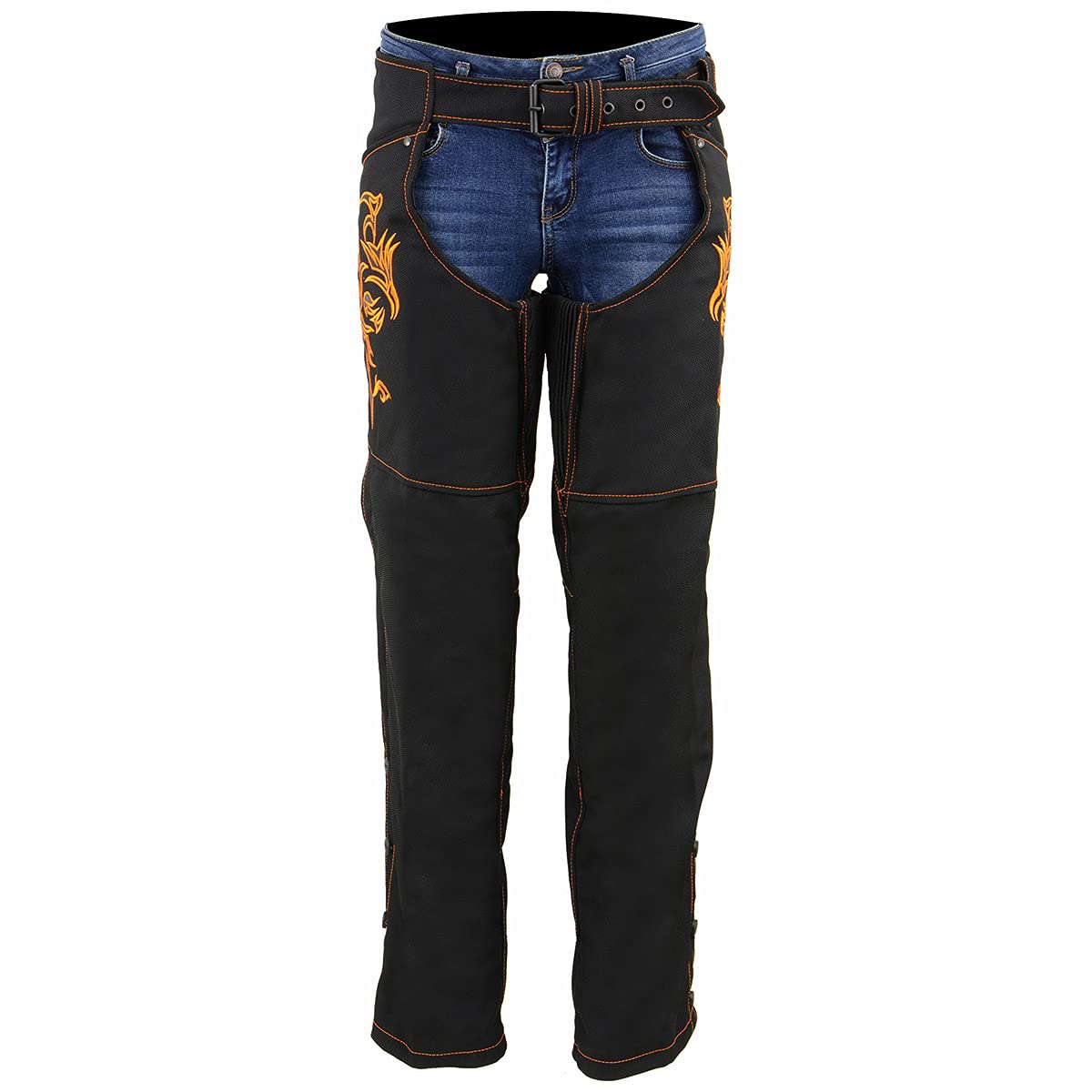 Milwaukee Leather SH1182 Women's Black & Pink Textile Motorcycle Riding Chaps with Tribal Embroidery - Perfect for Harley Davidson & Cruiser Bikes Riding Protection