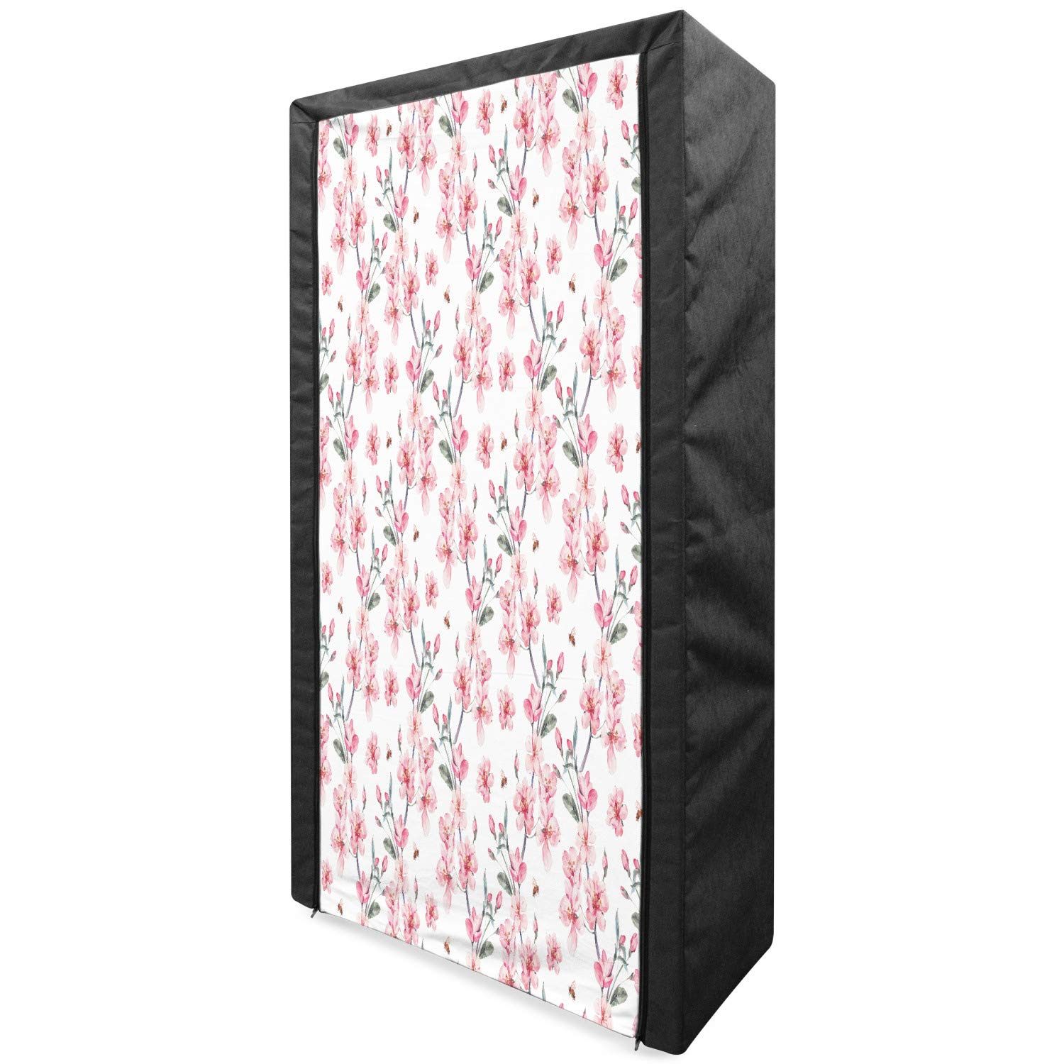 Ambesonne Watercolor Fabric Wardrobe - Vintage Japanese Cherry Blossom Design, Portable Clothing Organizer with Shelves, 33.5 Inch Storage Closet in Reseda Green & Pale Pink | Perfect for Bedroom, Closet, Dorm Room or Small Space Organization