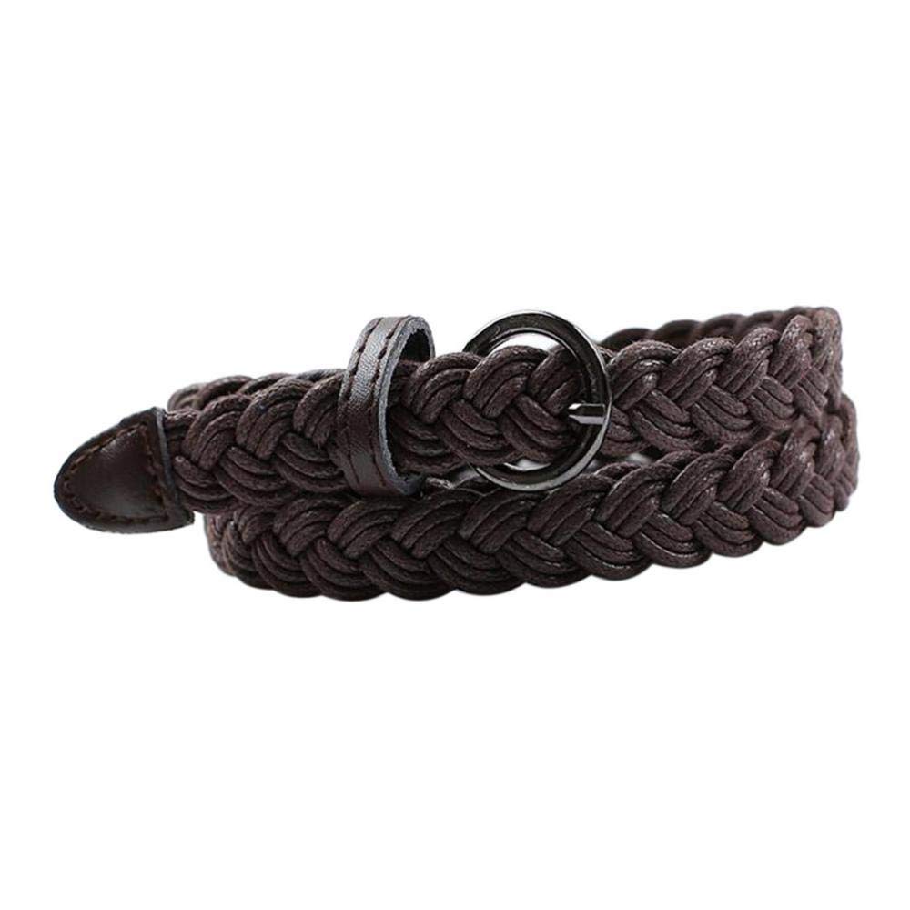 Premium Genuine Leather Woven Belt for Women - Adjustable Metal Buckle Fashion Belt in Coffee Brown (41