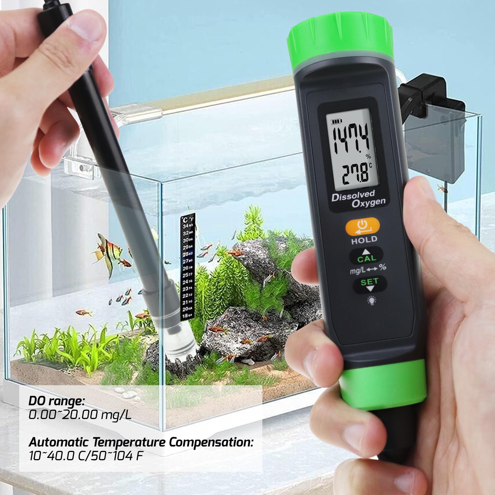 Portable Dissolved Oxygen Meter with ATC & Long Cable - DO Tester Kit with Self-Floating Probe Electrode for Aquariums, Ponds, Hydroponics & Water Quality Testing