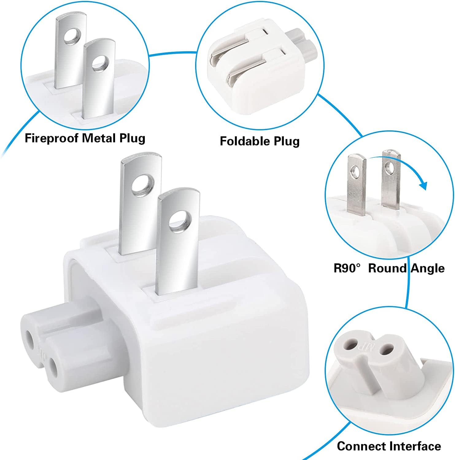 2-Pack US Standard Duck Head Folding AC Power Adapter Wall Plug - Compatible with MacBook Pro/Air, iPhone, iPad, iPod Chargers - Perfect for Travel, Home & Office Use