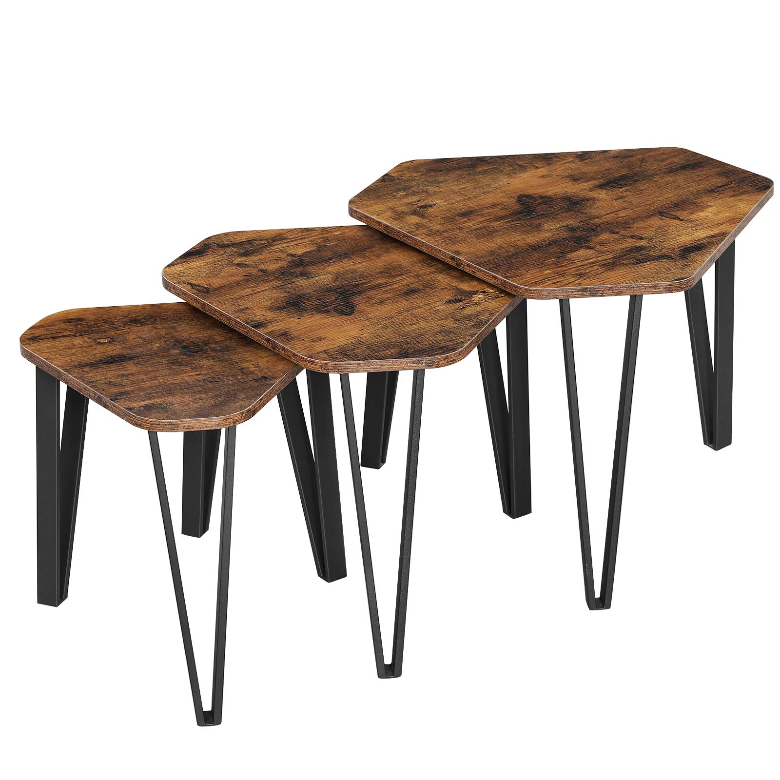 VASAGLE 3-Piece Nesting Coffee Table Set, Industrial Style Stacking End Tables for Living Room - Sturdy Steel Frame, Easy Assembly, Rustic Brown & Black LNT14BX | Perfect for Small Spaces, Modern Home Decor & Coffee Table Organization