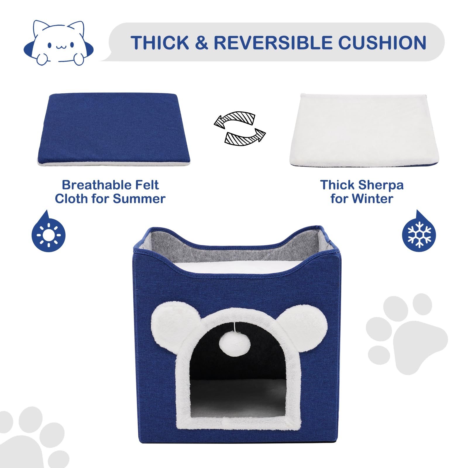 Premium Large Foldable Cat Bed for Indoor Cats - Soft & Cozy with Scratch Pad, Hanging Fluffy Ball & Mini Hole Cat Condo (Blue) - Perfect for Napping, Playtime & Relaxation in Living Rooms & Bedrooms