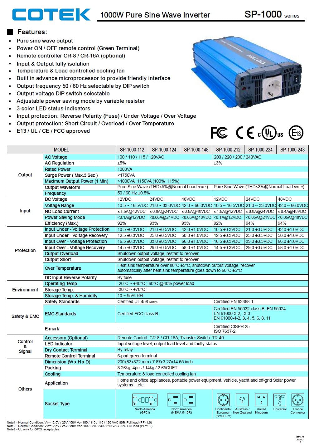 Cotek SP-1000-112 1000W Pure Sine Wave Power Inverter with Dual GFCI Outlets - 12V DC to 120V AC Converter for RVs, Boats, Camping & Emergency Backup Power (SP1000-112)